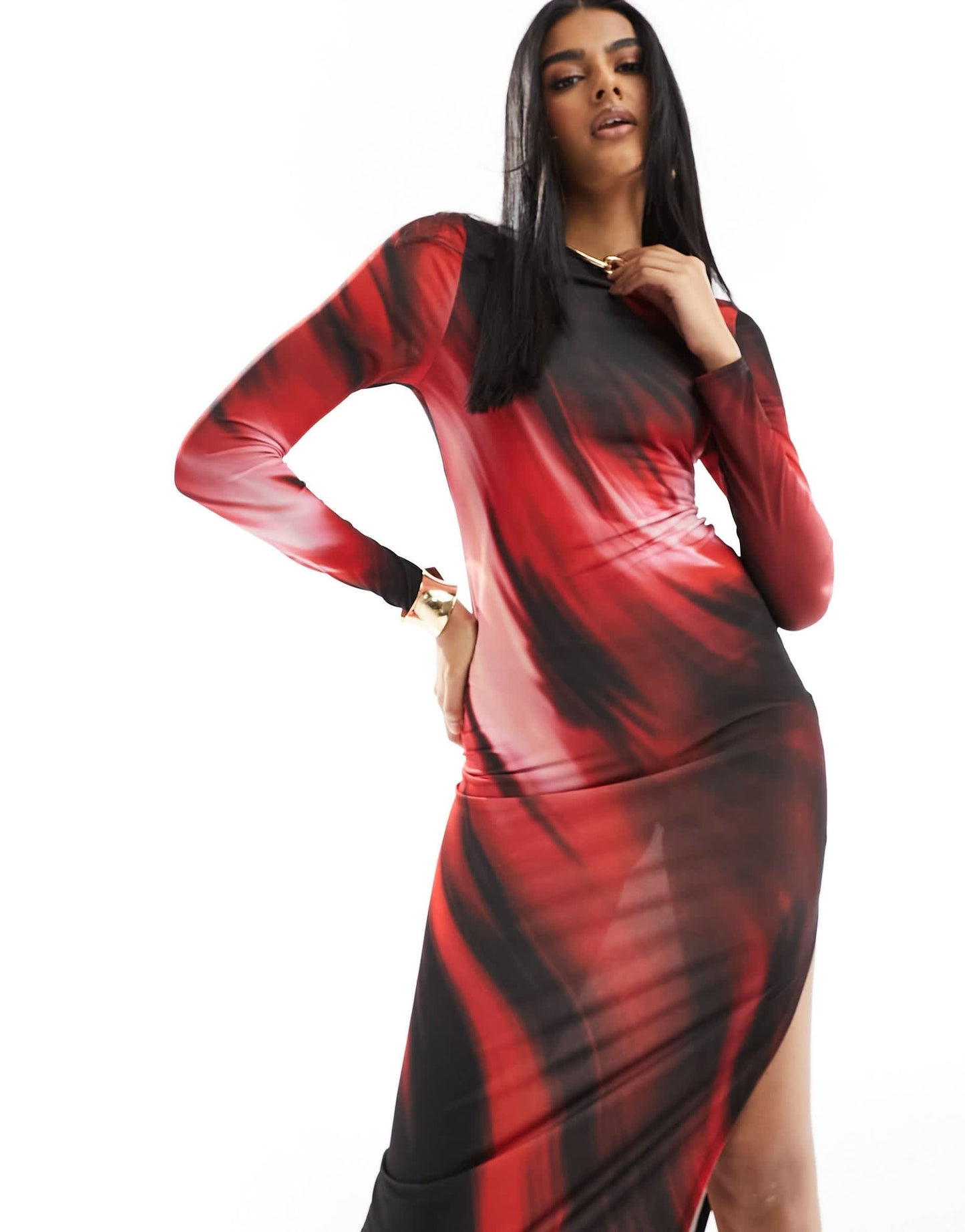 Miss Selfridge long sleeve maxi ombre print dress in red