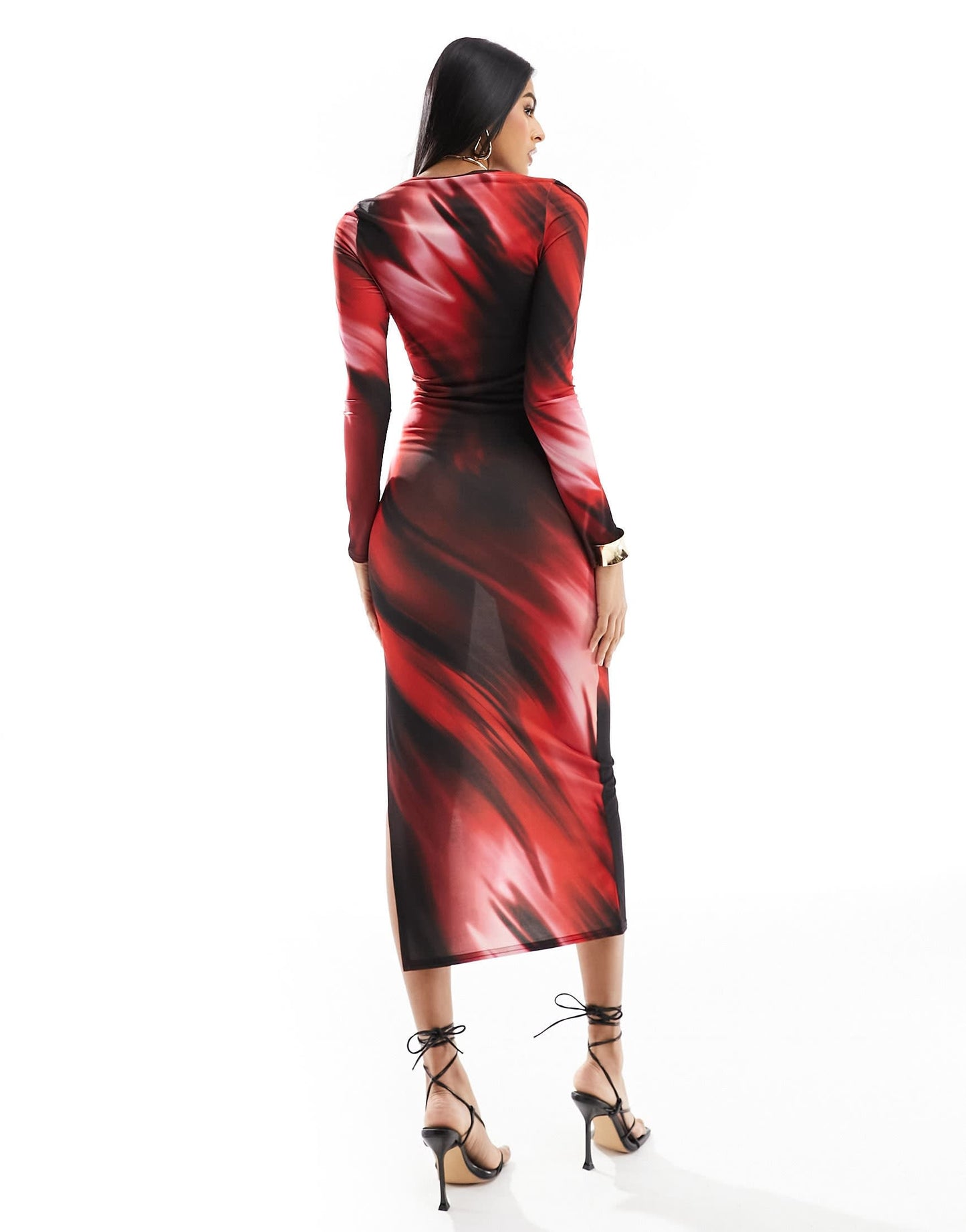 Miss Selfridge long sleeve maxi ombre print dress in red