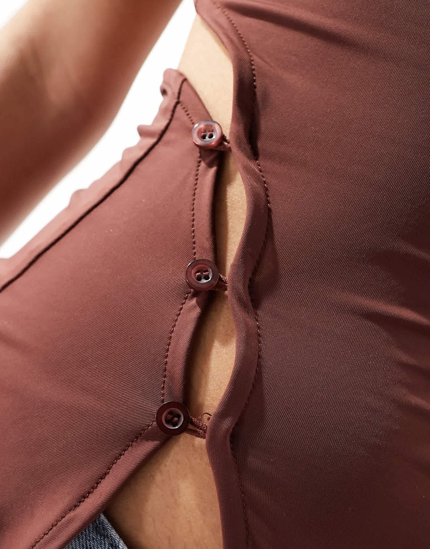 Lioness asymmetric button detail drape shoulder top in brown