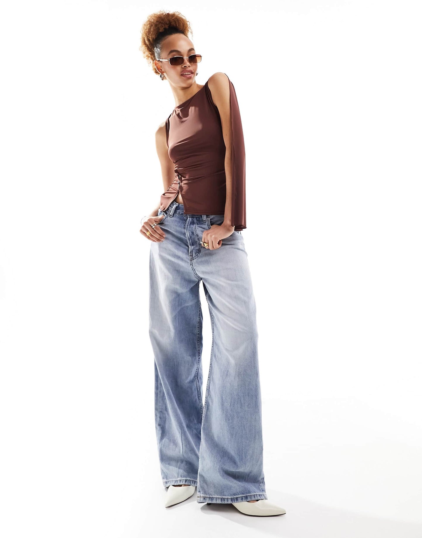 Lioness asymmetric button detail drape shoulder top in brown