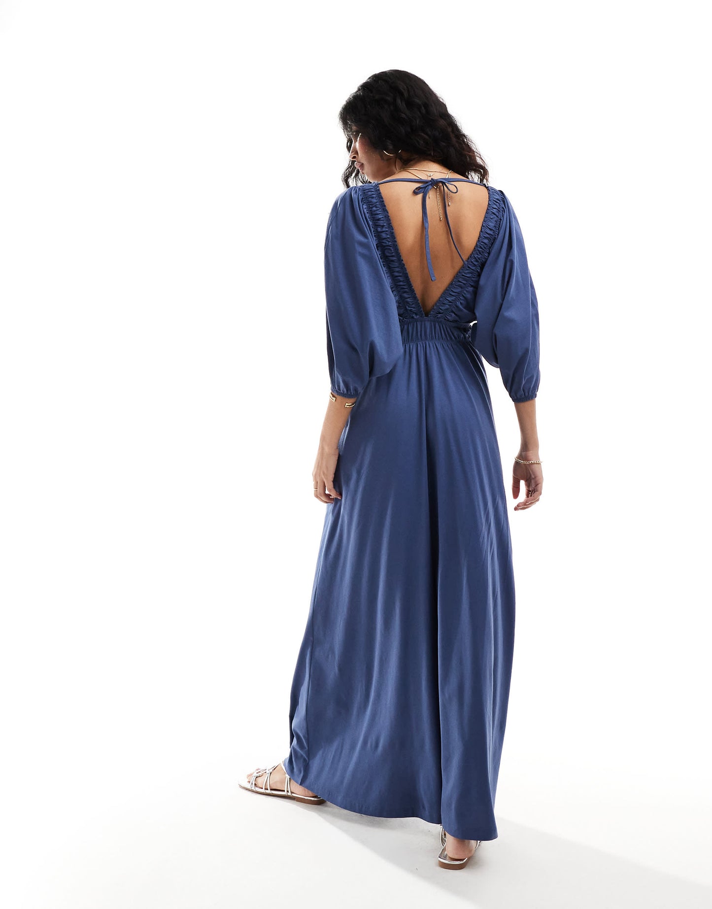 ASOS DESIGN plunge elastic tea midi dress with ruched waist in indigo blue