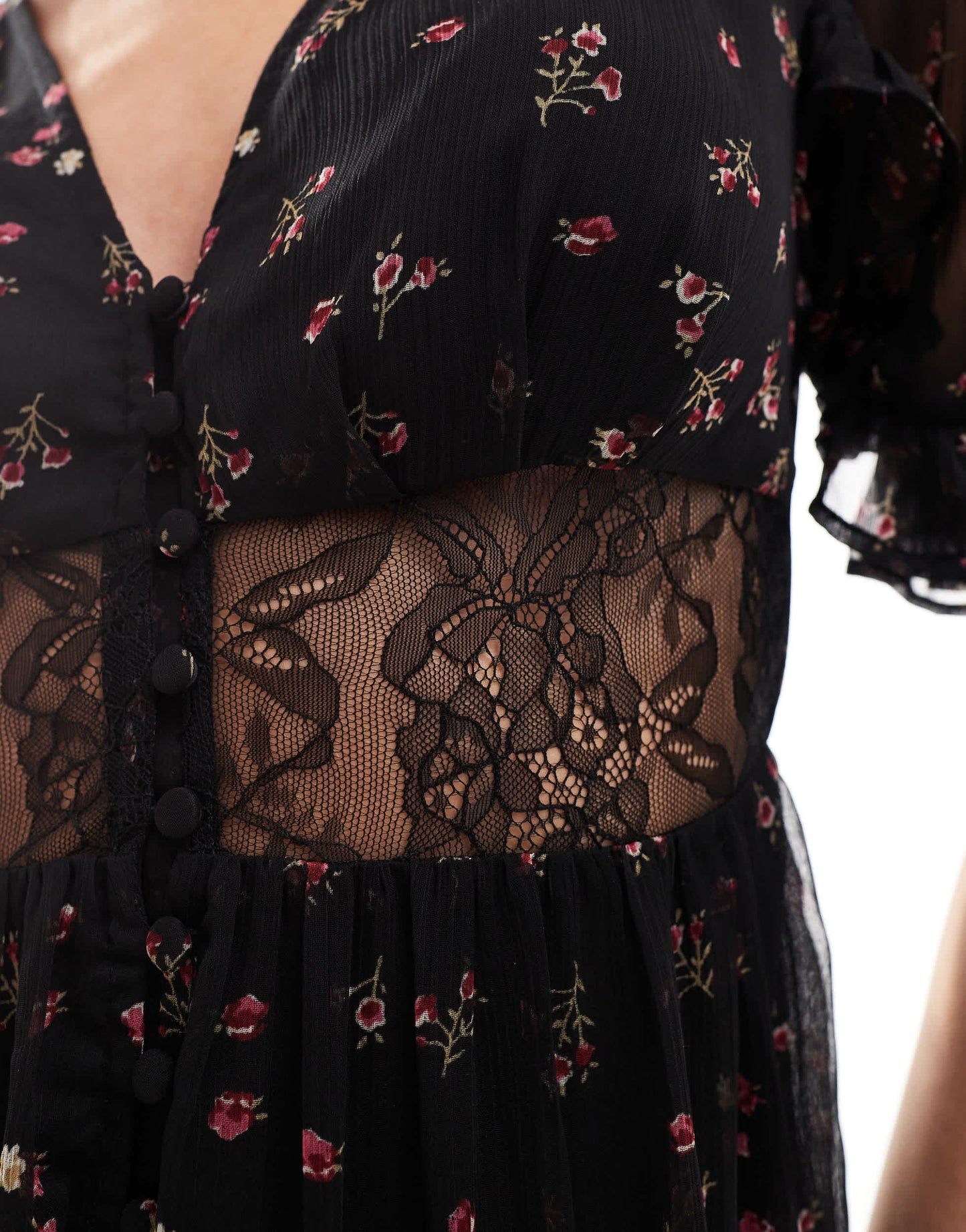 ASOS DESIGN Petite lace cut out dress button through ruffle hem midi dress in black floral print