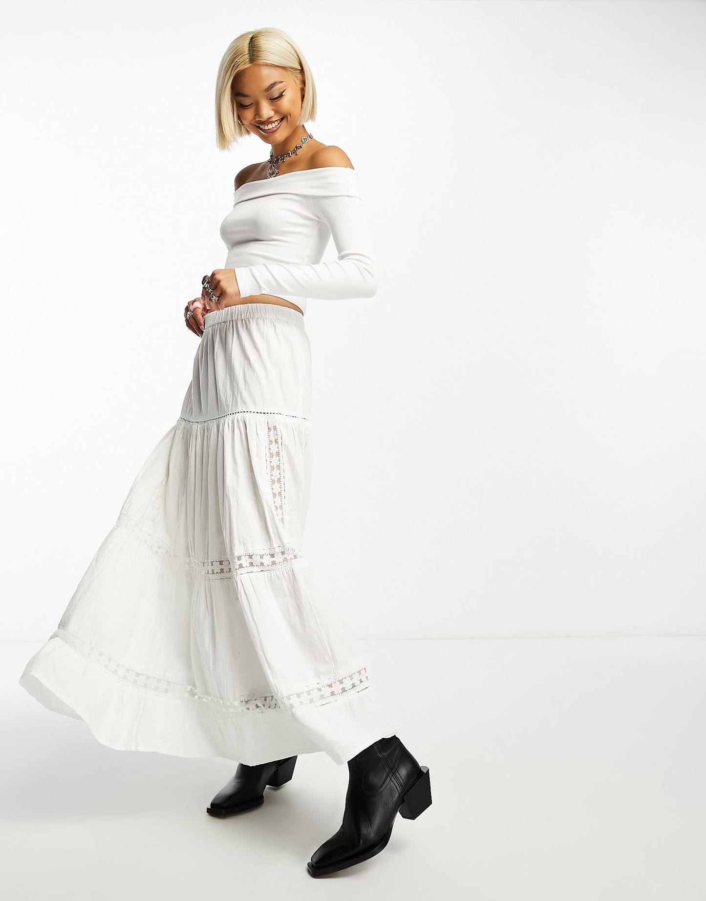 Bershka bardot soft touch long sleeve top co-ord in white