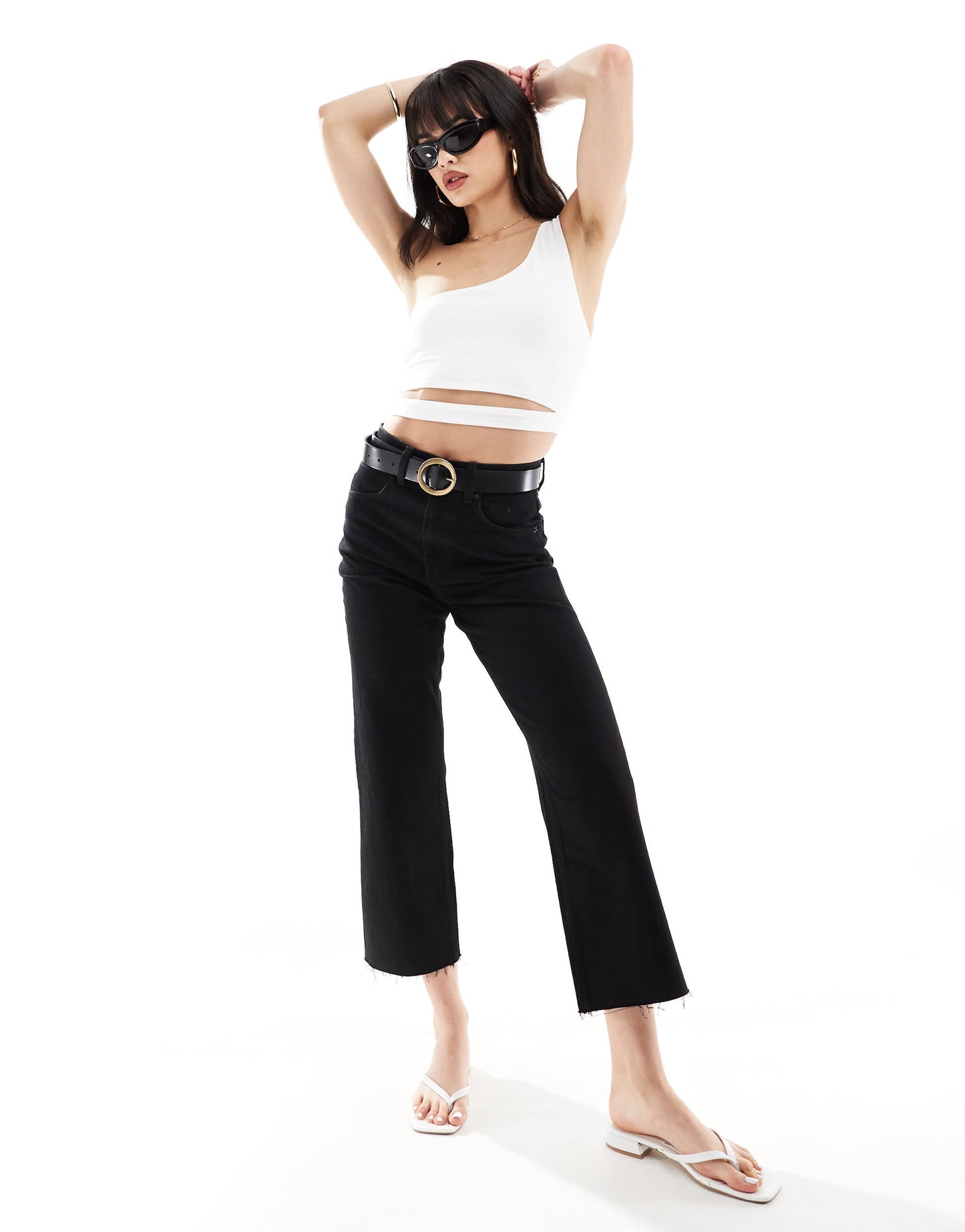 ASOS DESIGN double layer one shoulder crop top with waist cut out in white