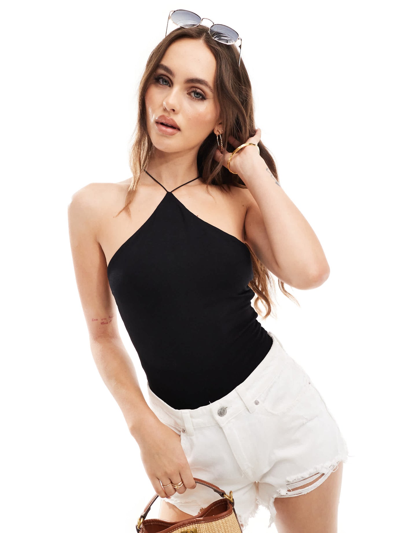 ASOS DESIGN double layer halter spaghetti strap bodysuit in black