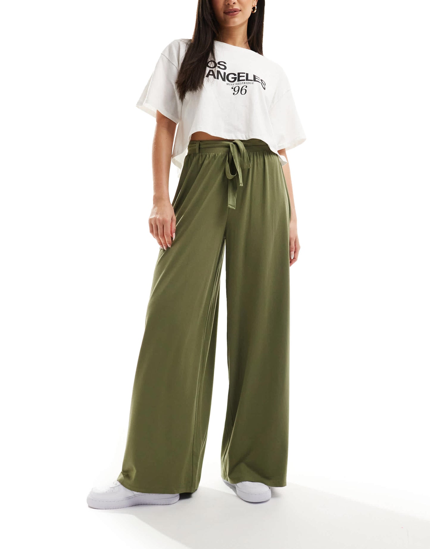 ASOS DESIGN tie belt wide leg trouser in khaki