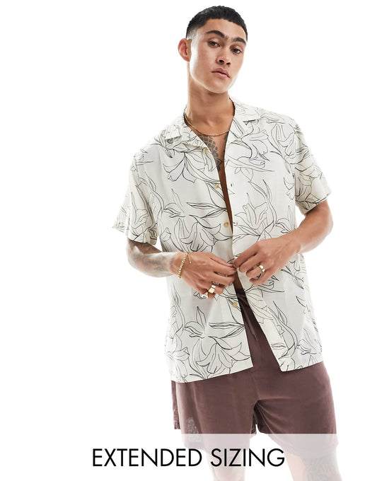 ASOS DESIGN relaxed revere beachy shirt in line drawn lily print in ecru