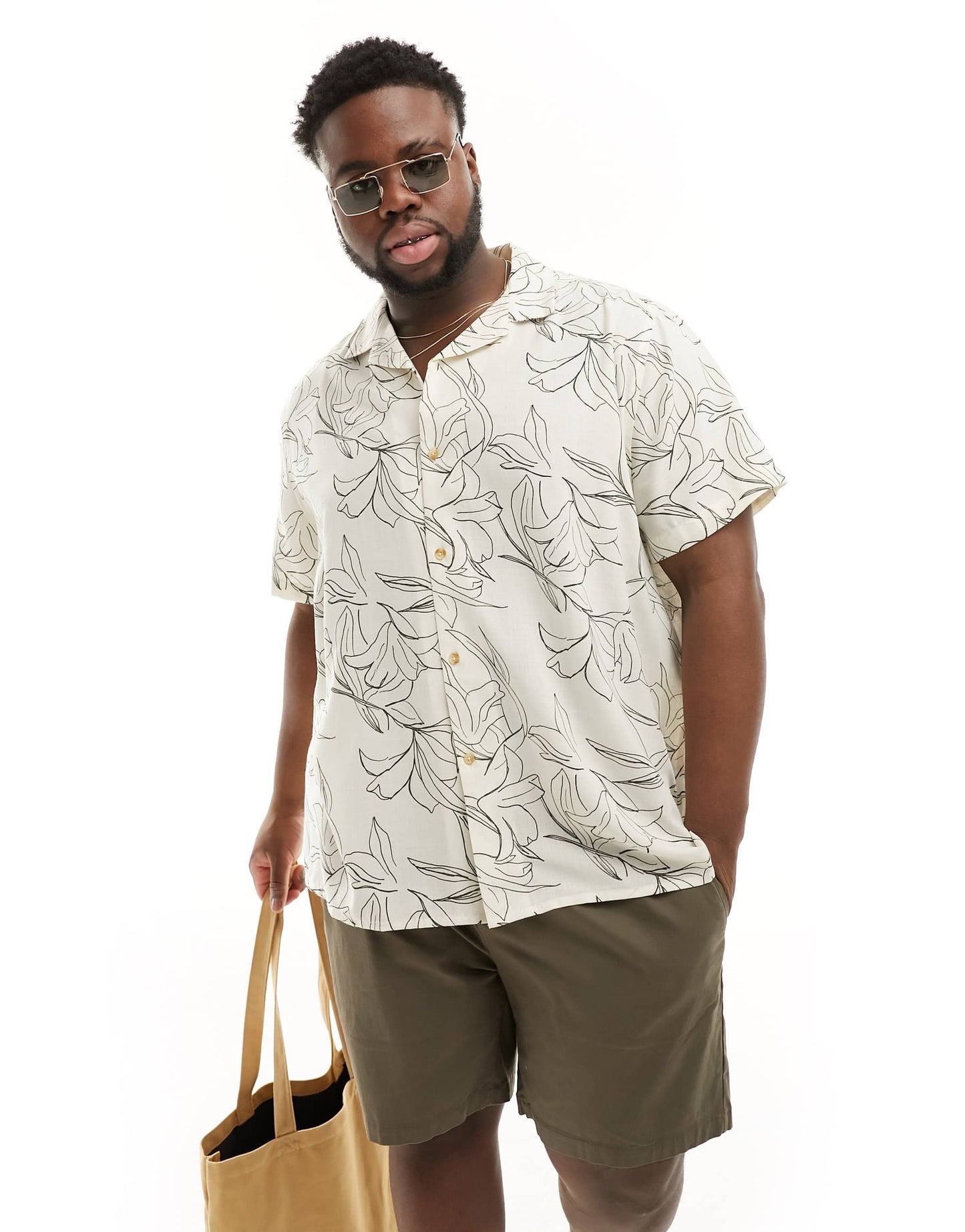 ASOS DESIGN relaxed revere beachy shirt in line drawn lily print in ecru