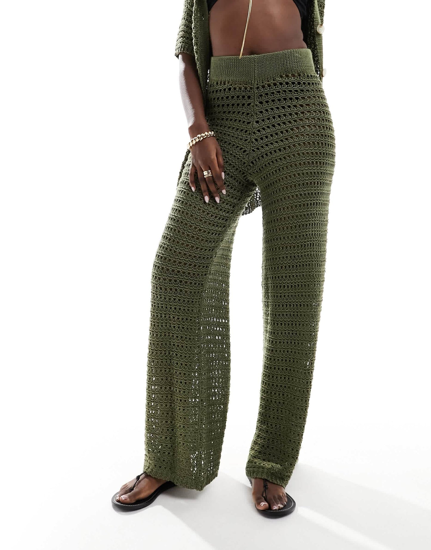 In The Style crochet wide leg trouser co-ord in olive