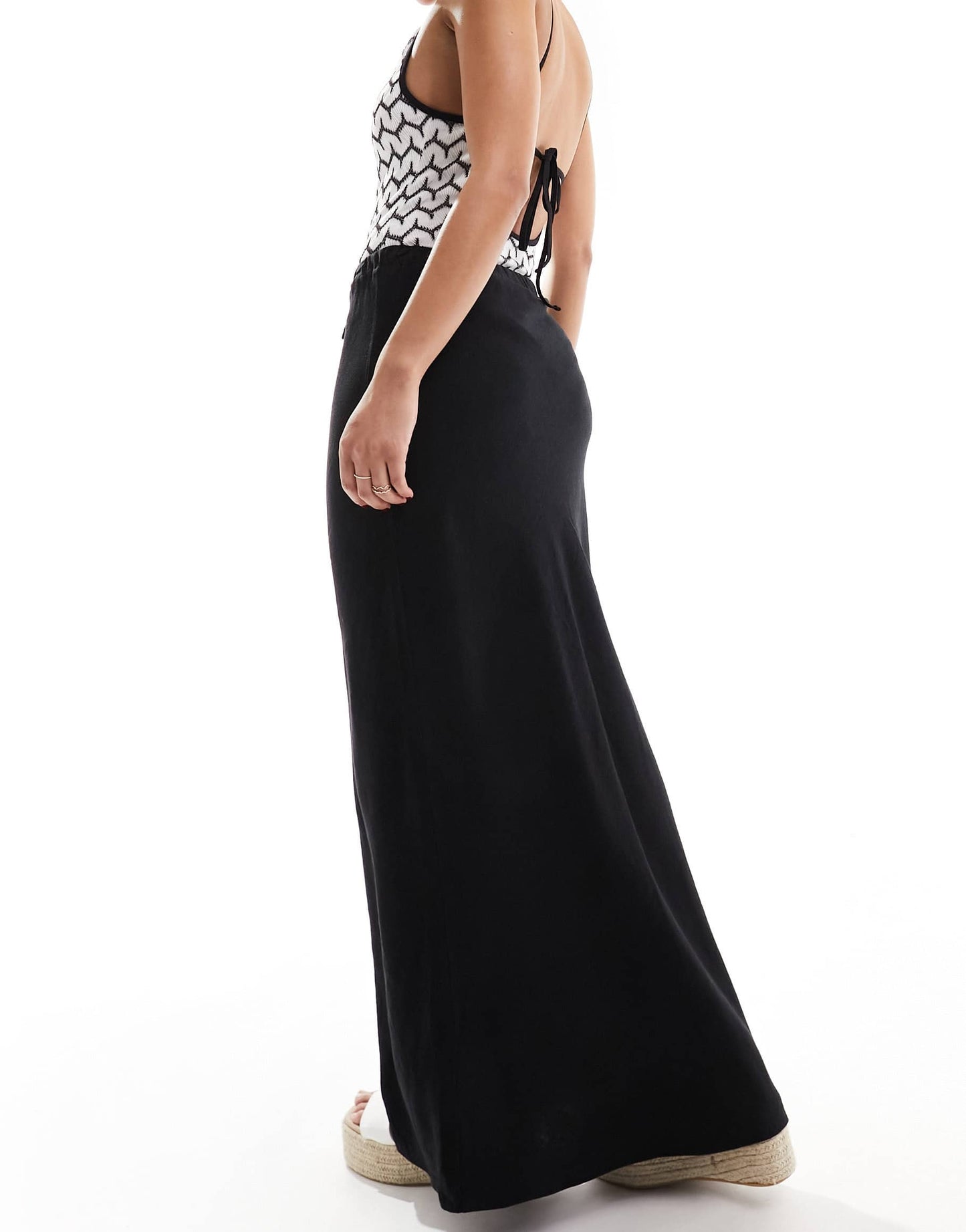 ASOS DESIGN linen look tie waist bias maxi skirt in black
