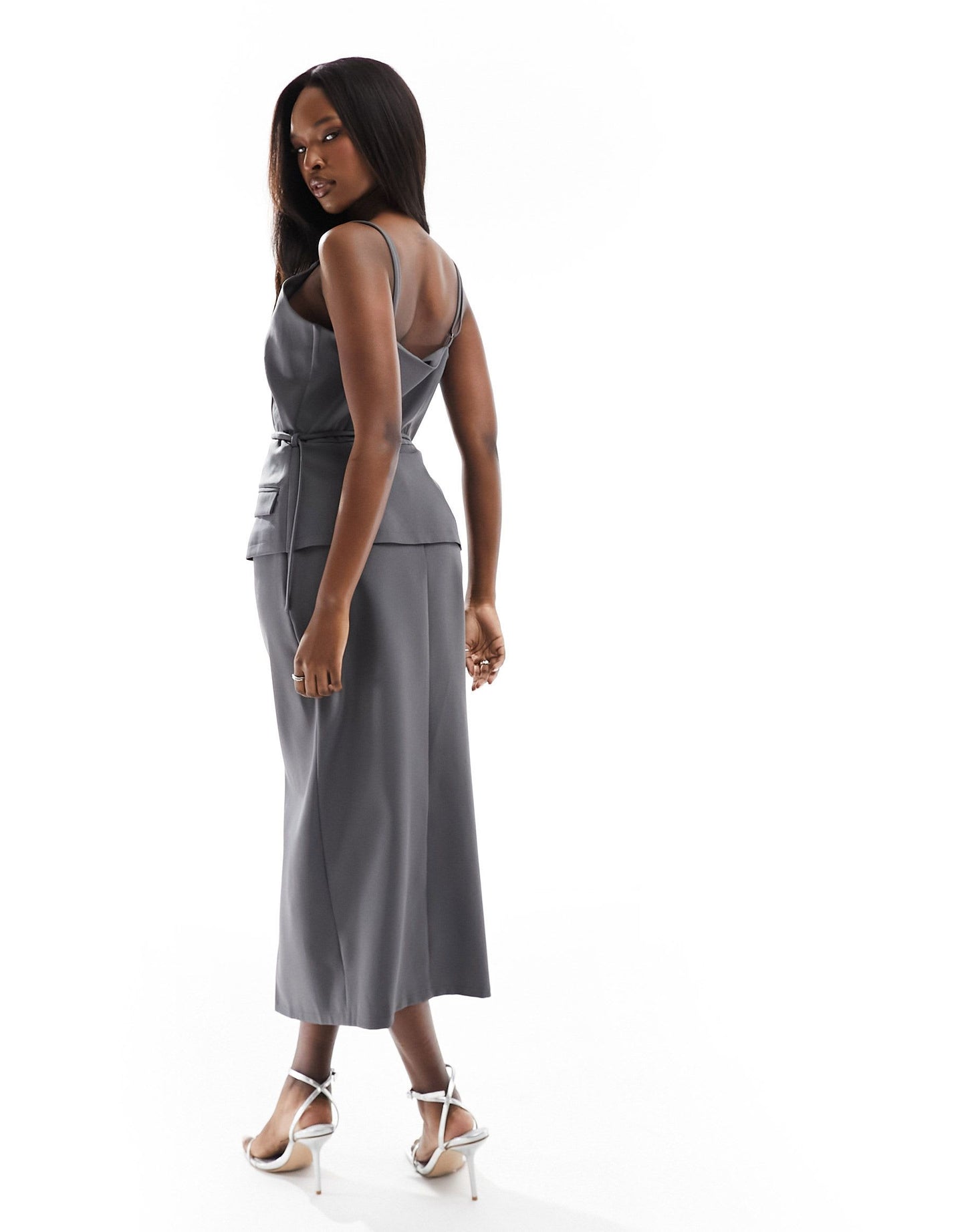 Kaiia exclusive tailored buckle detail cami midaxi dress in charcoal