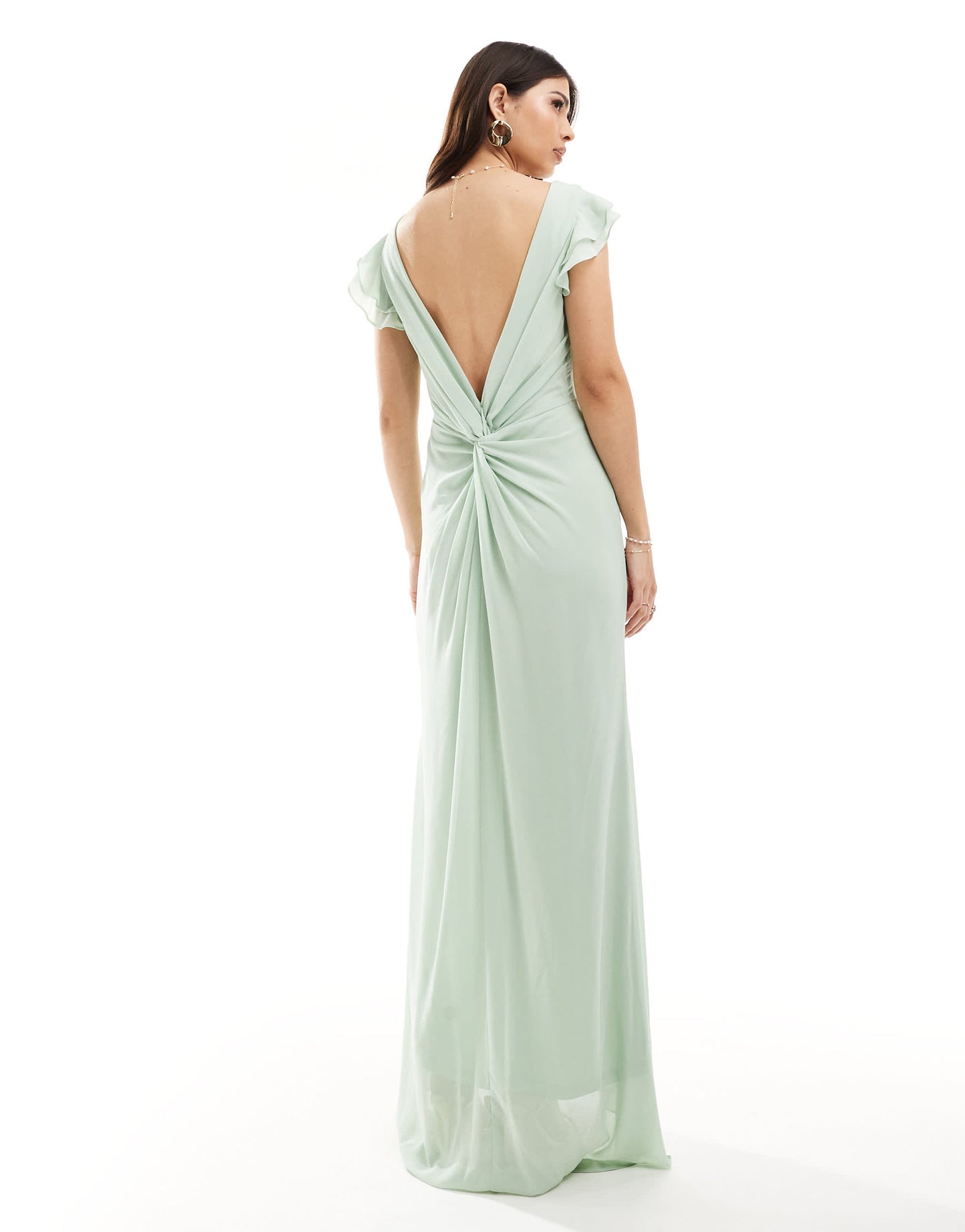 TFNC Bridesmaid chiffon twist back maxi dress with flutter sleeve in navy