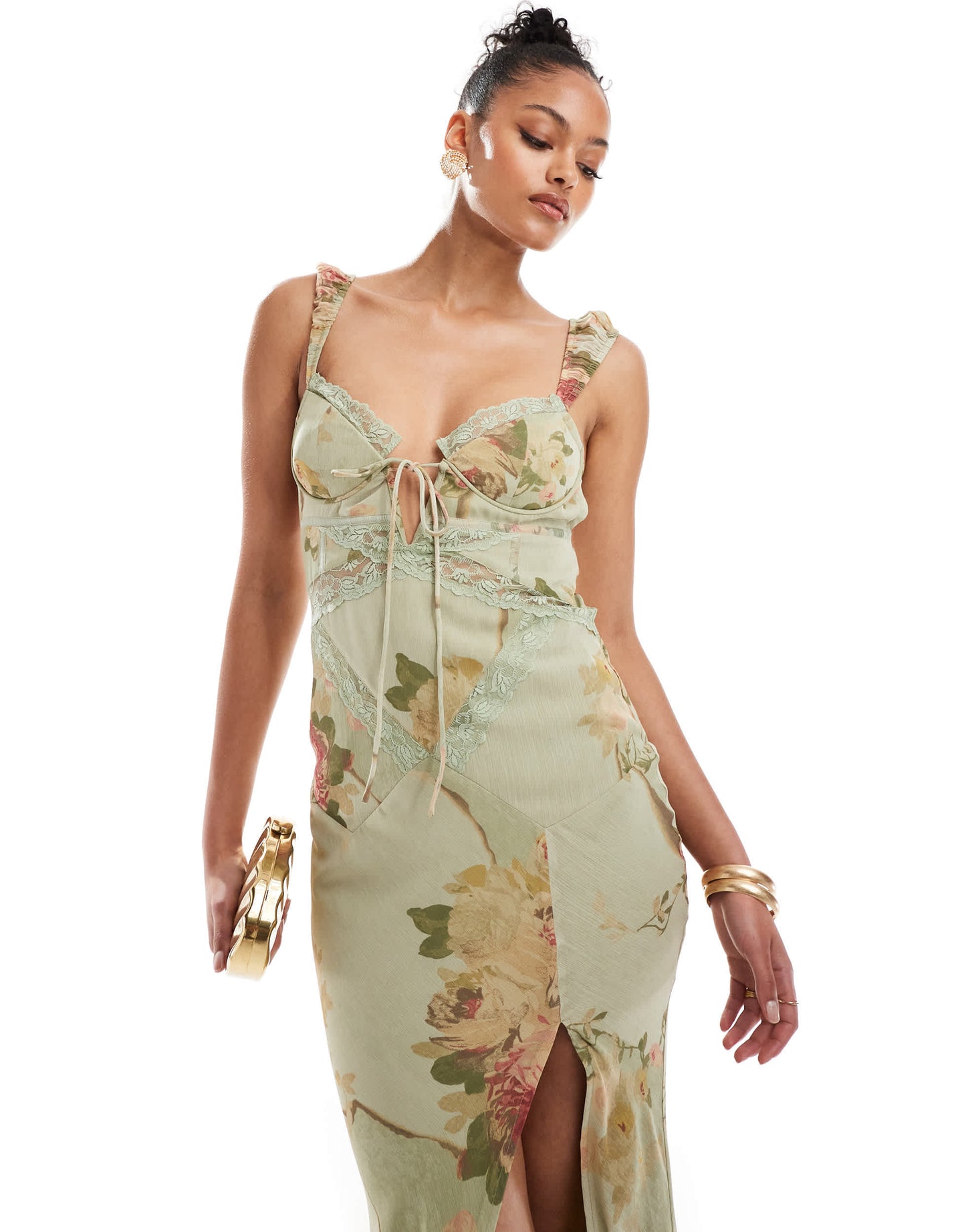 ASOS DESIGN Tall corset detail bias maxi dress with lace insert in patchwork floral print