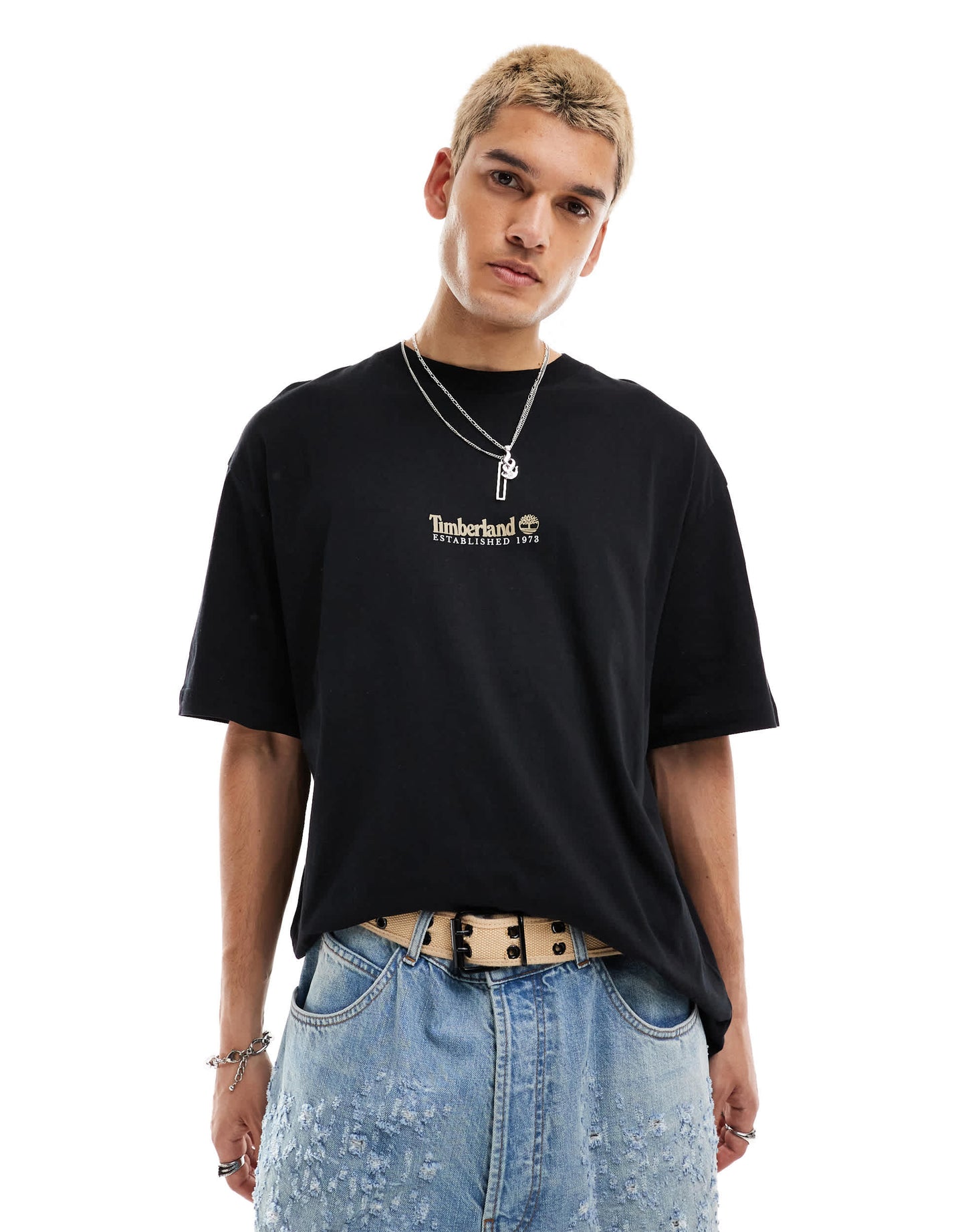 Timberland large script logo back print oversized t-shirt in black Exclusive to Asos