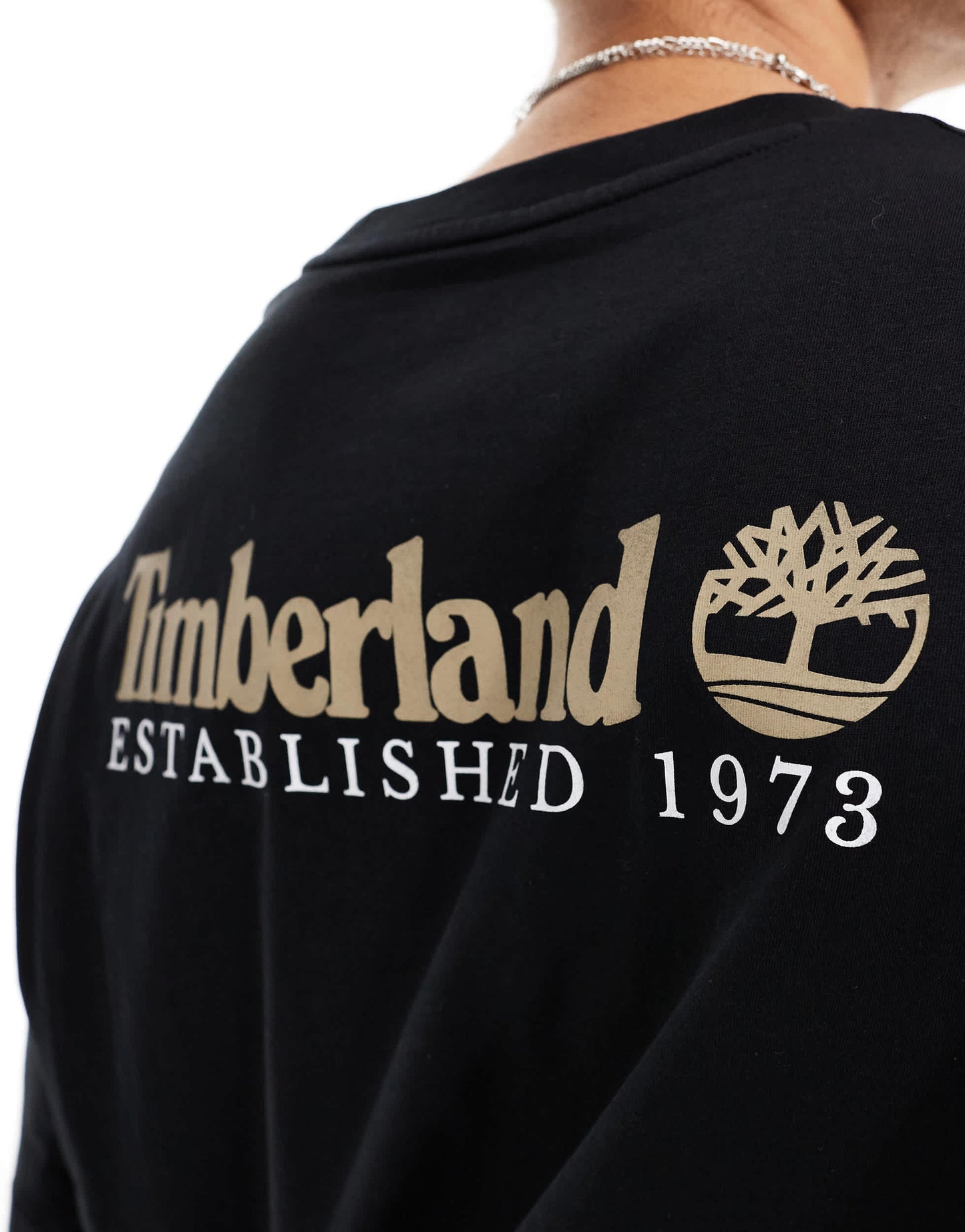 Timberland large script logo back print oversized t-shirt in black Exclusive to Asos
