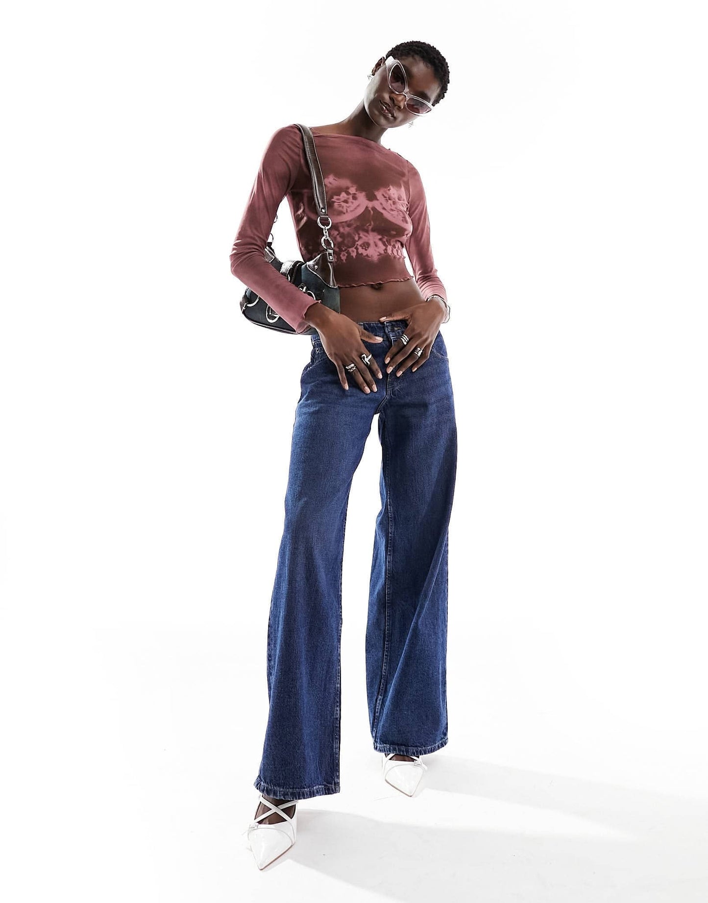 Motel lace scan mesh long sleeve top in burgundy and pink