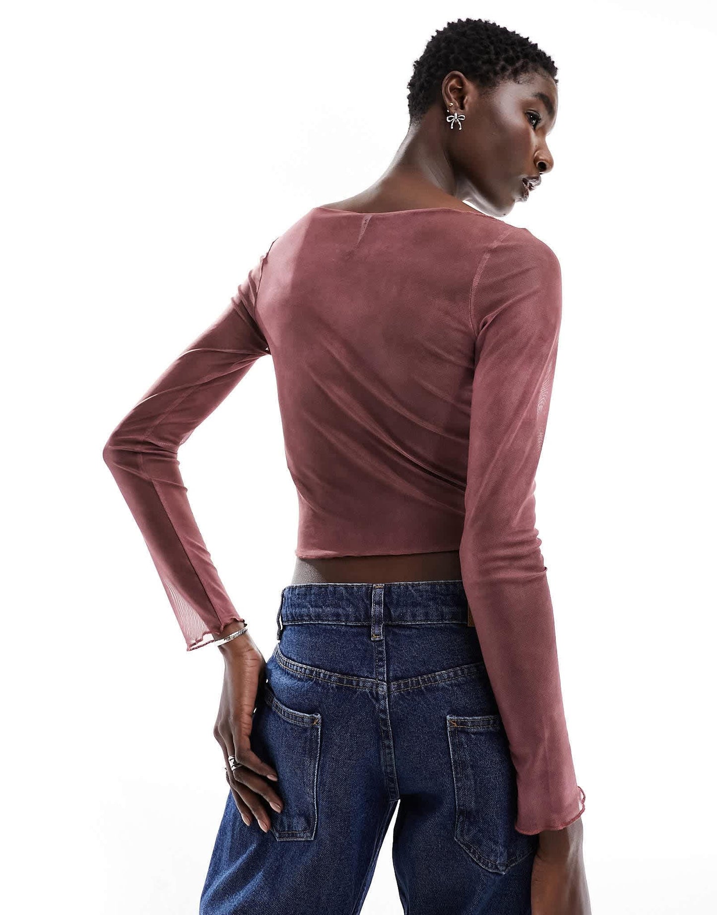 Motel lace scan mesh long sleeve top in burgundy and pink