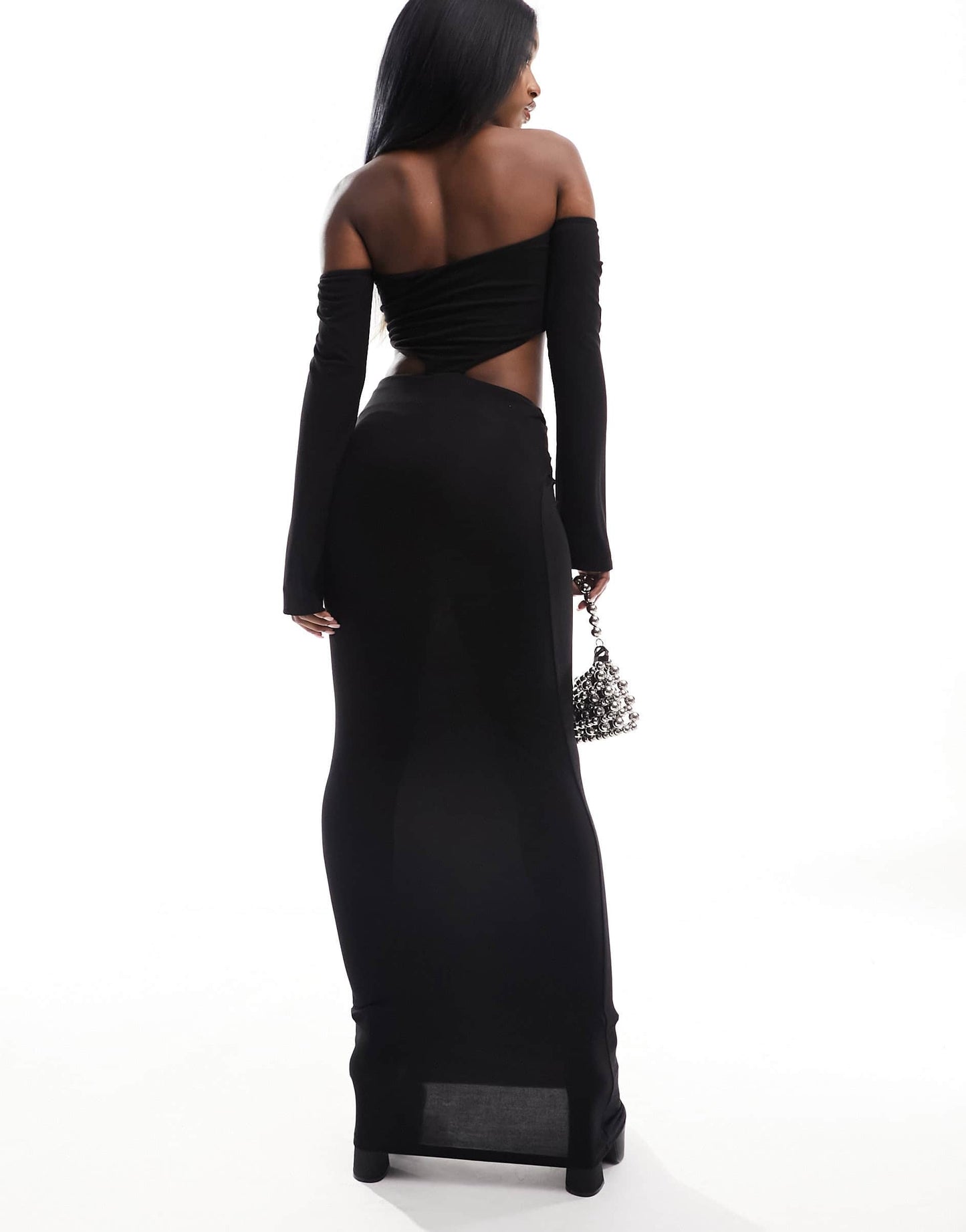 ASOS DESIGN long sleeve bardot maxi dress with side cut out detail in black