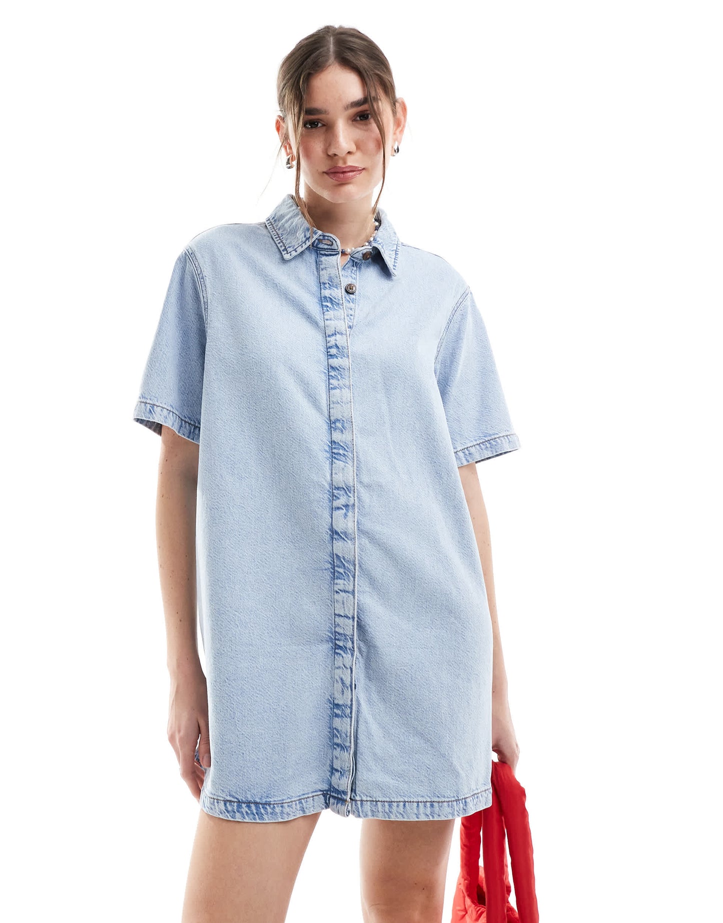 ASOS DESIGN soft short sleeve shirt dress in light wash blue