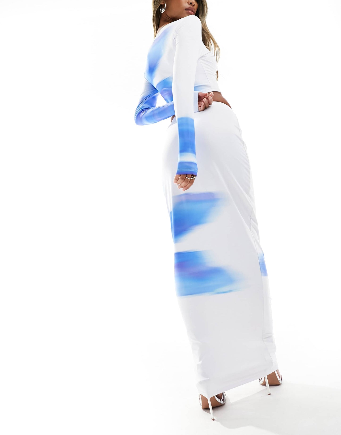 Simmi placement print maxi skirt co-ord in white and blue