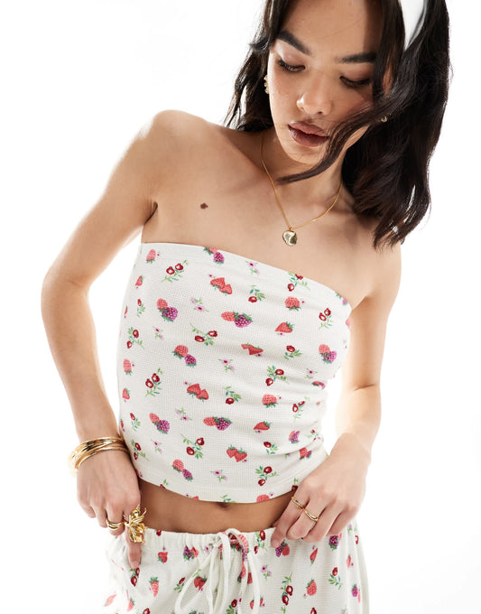 ASOS DESIGN waffle bandeau co-ord in fruit print