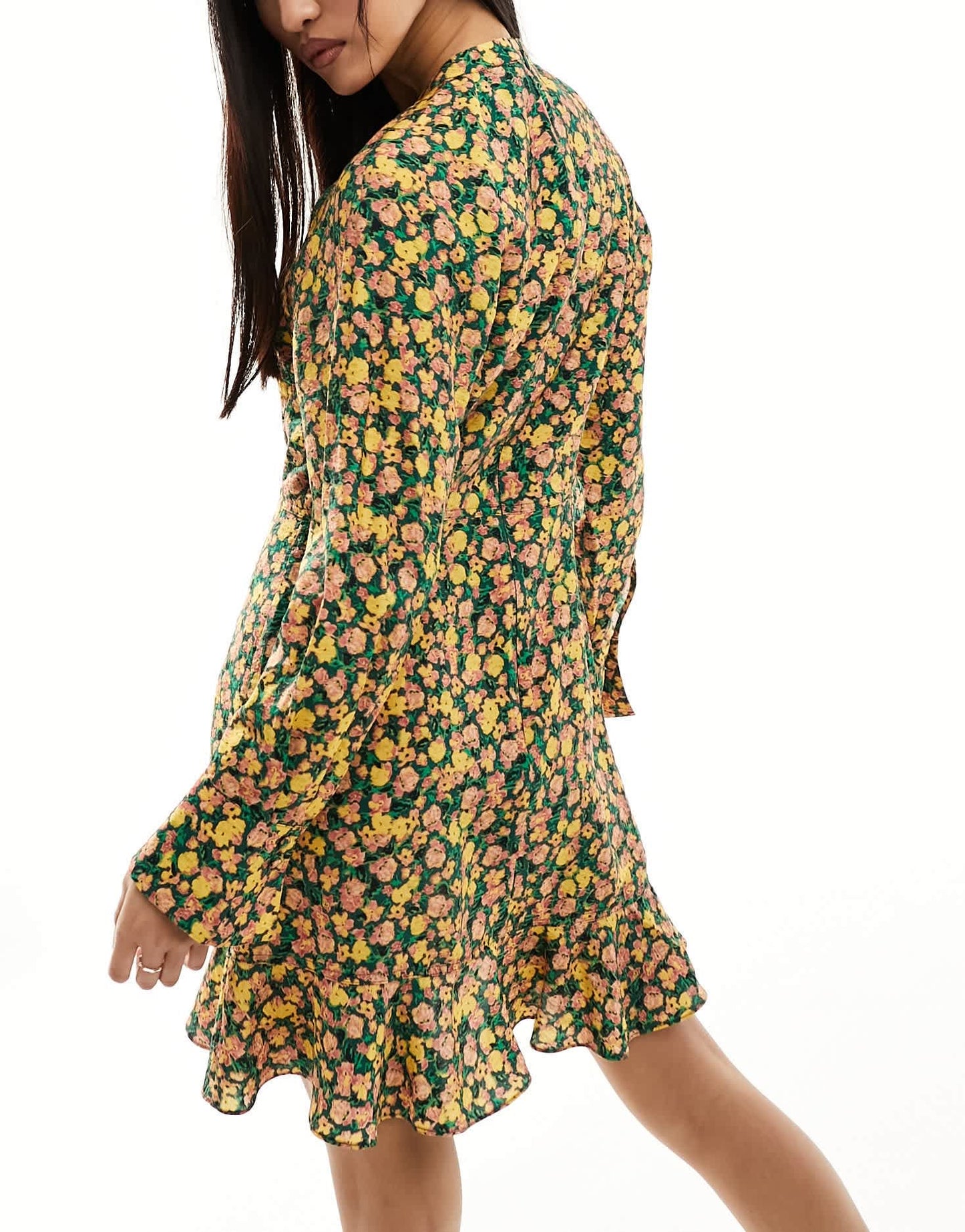 French Connection Aleezia textured long sleeve flippy mini dress in green floral