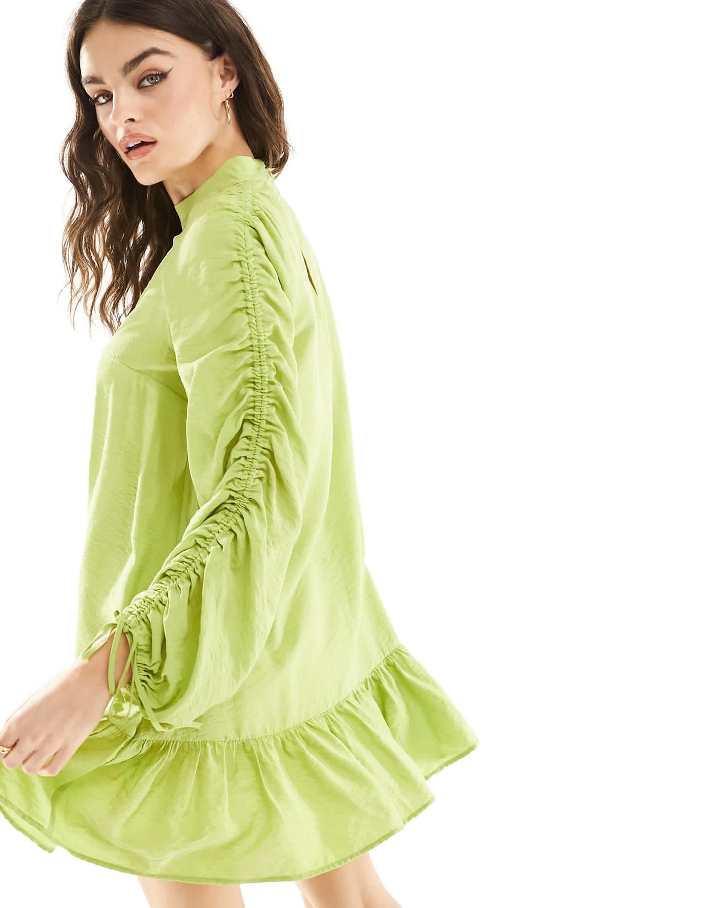 French Connection Faron drape mini dress with ruched sleeve detail in lime