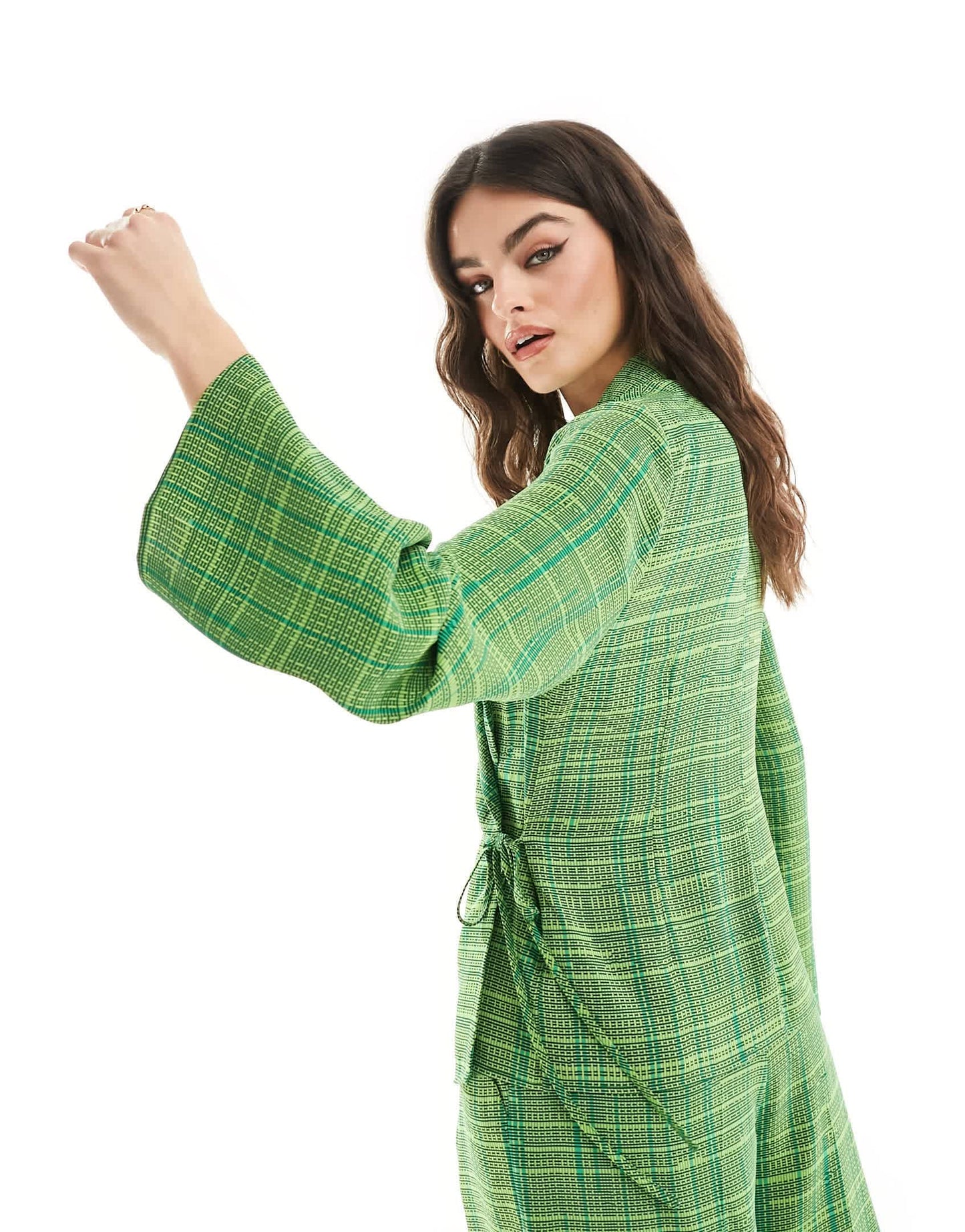 French Connection Carmen crepe tie side top in green check co-ord