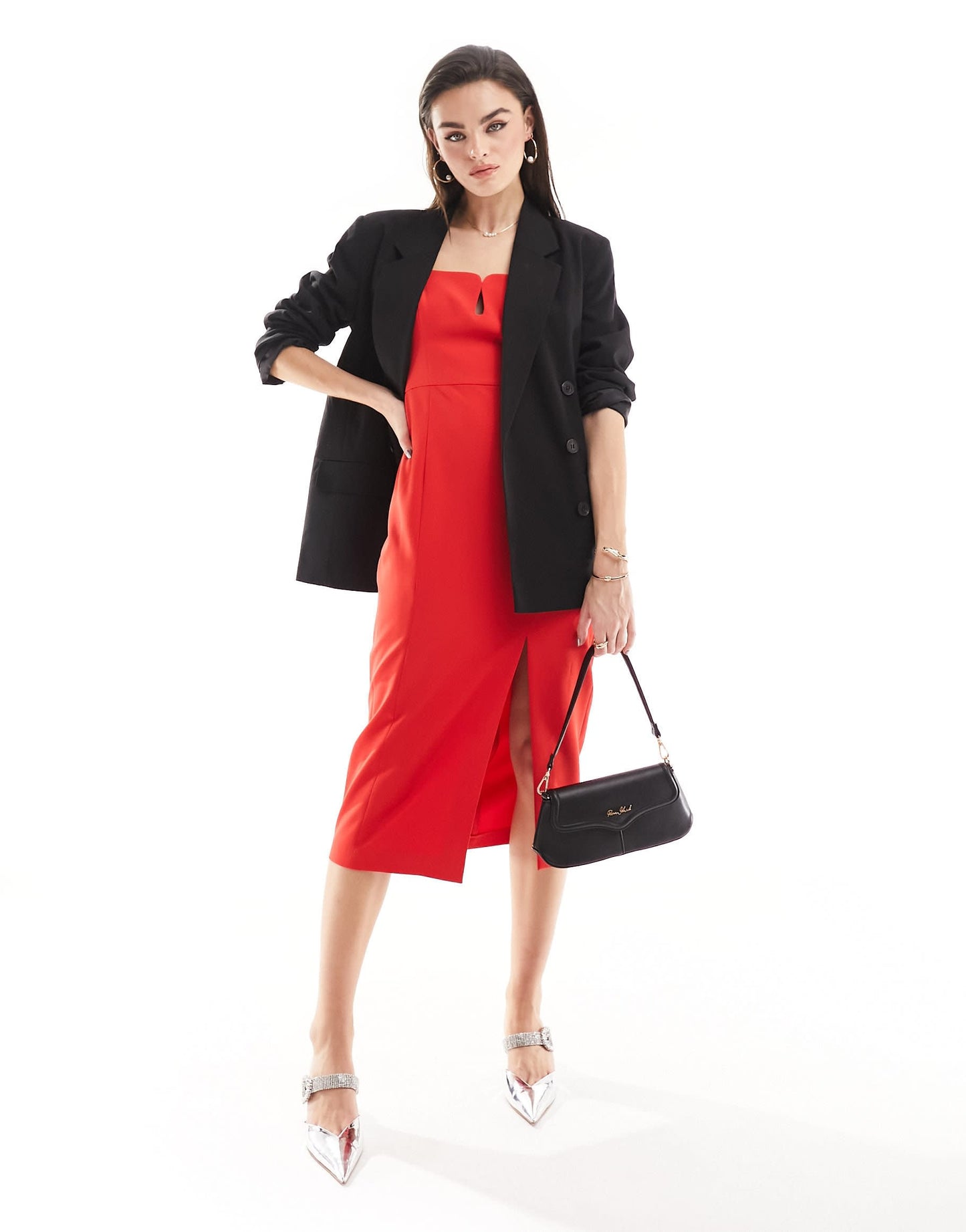 French Connection Echo crepe bust detail midi dress with thigh split in red