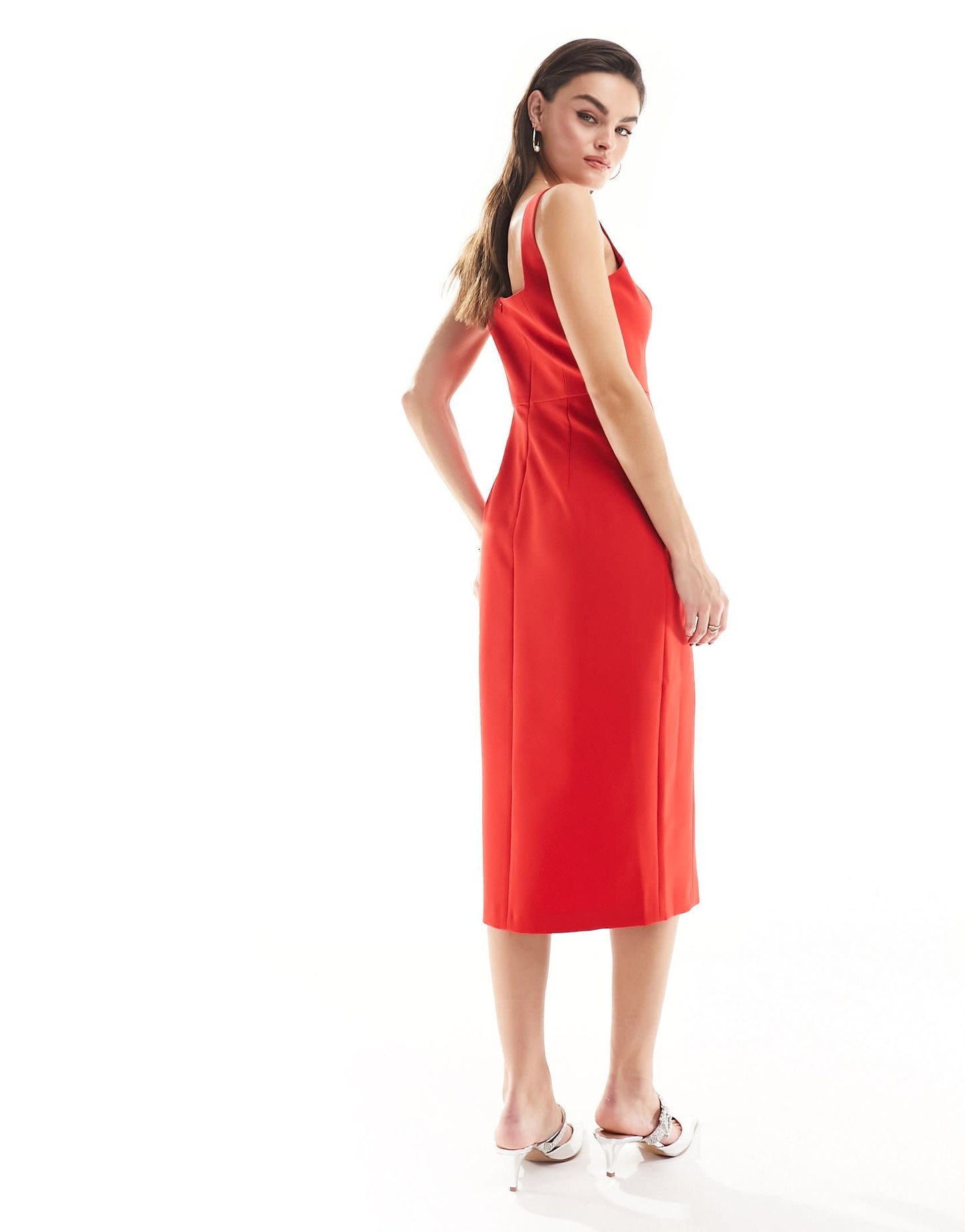 French Connection Echo crepe bust detail midi dress with thigh split in red