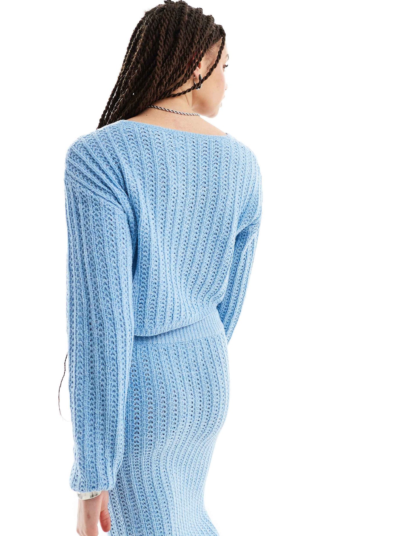 ASOS DESIGN Tall knitted v neck crop jumper in open stitch co-ord in blue