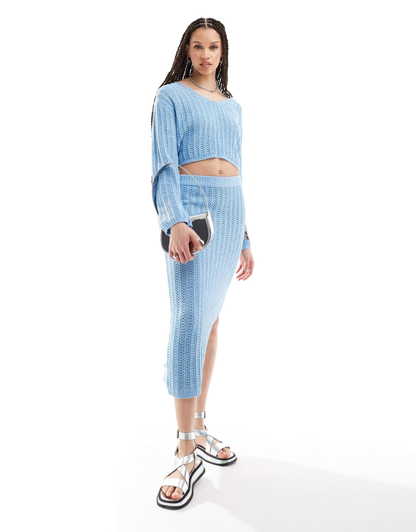 ASOS DESIGN Tall knitted v neck crop jumper in open stitch co-ord in blue