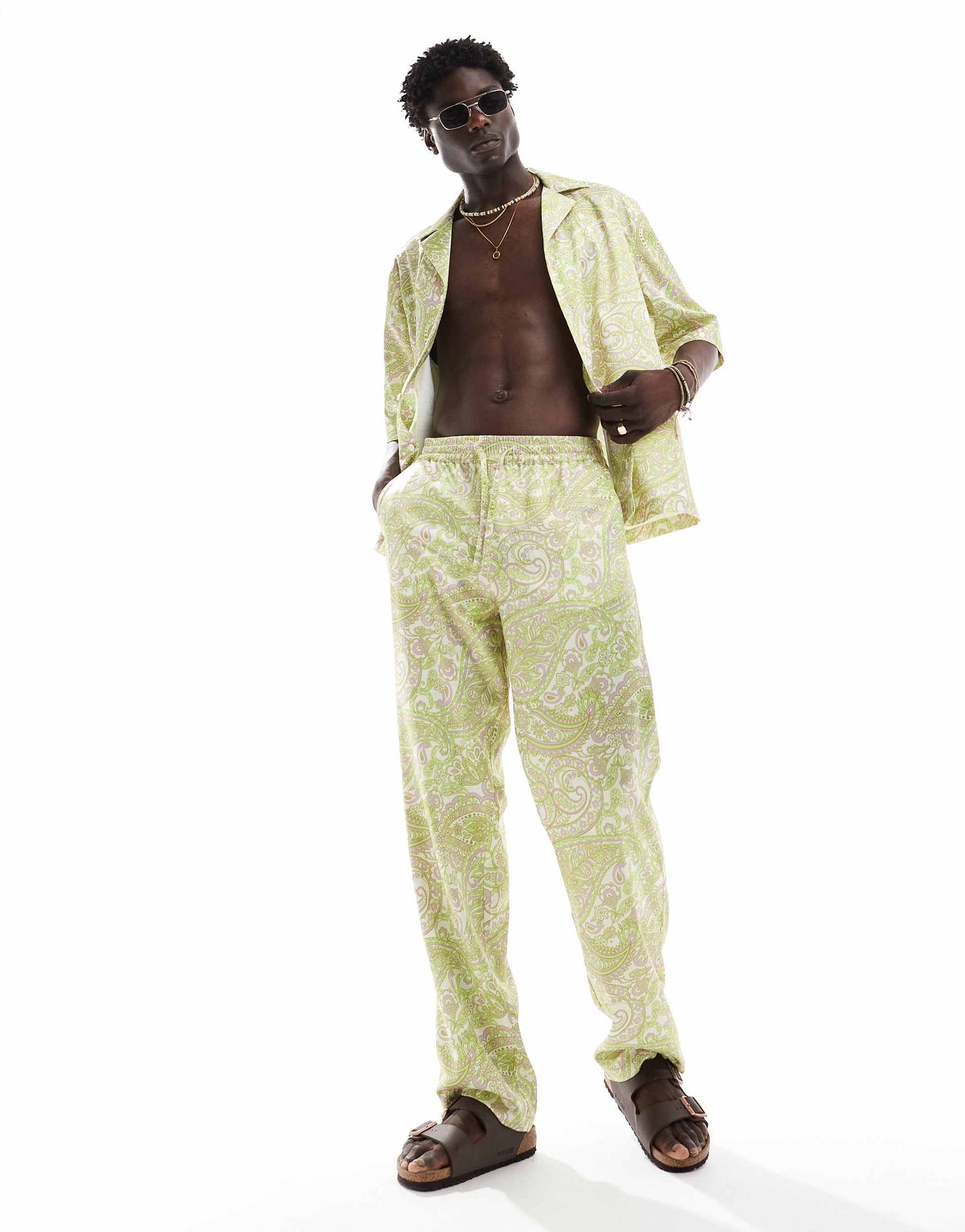 ASOS DESIGN Co-ord satin paisley printed wide leg trouser with elasticated waist