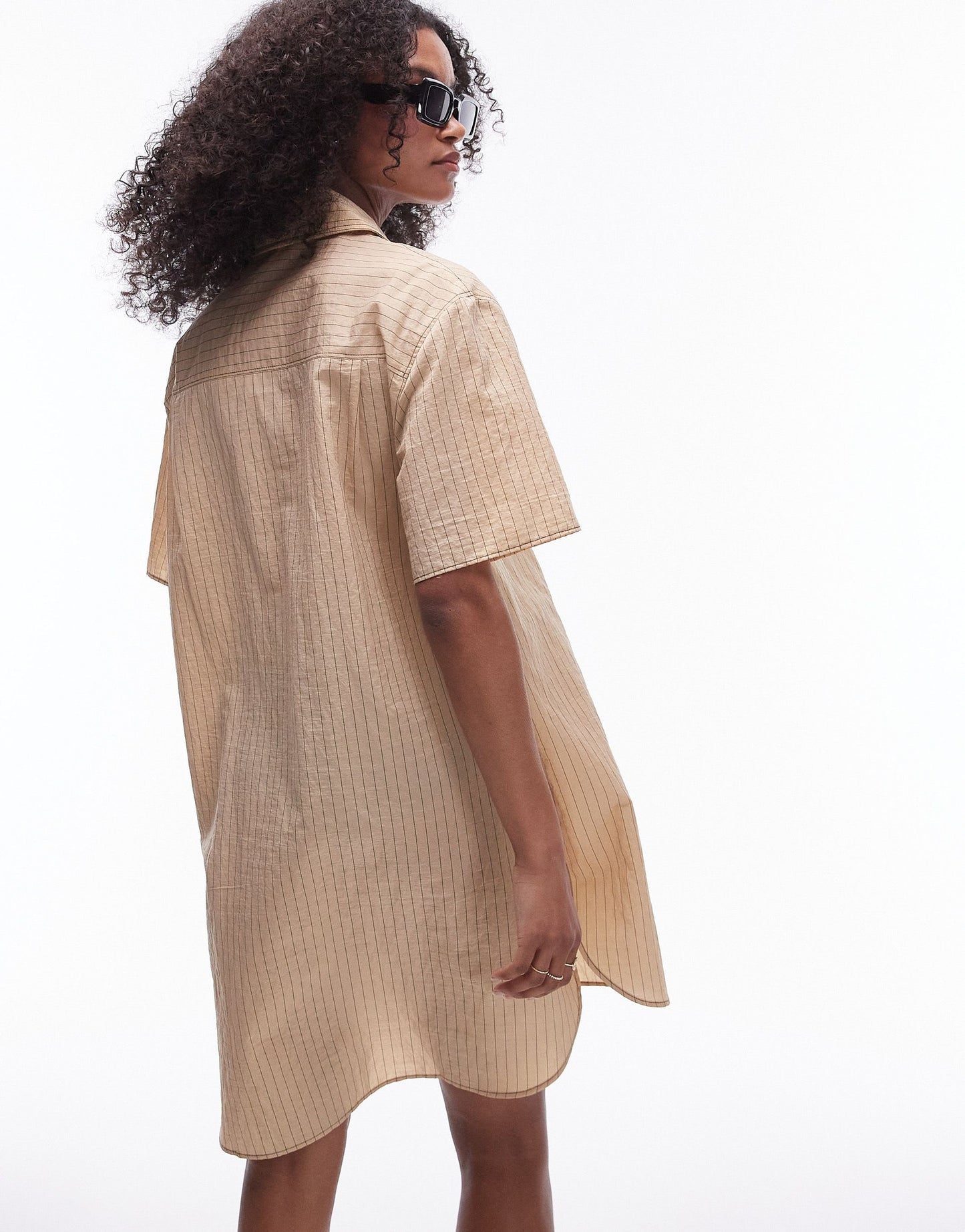 Topshop shirred mini shirt dress with contrast top stitch in tan stripe print