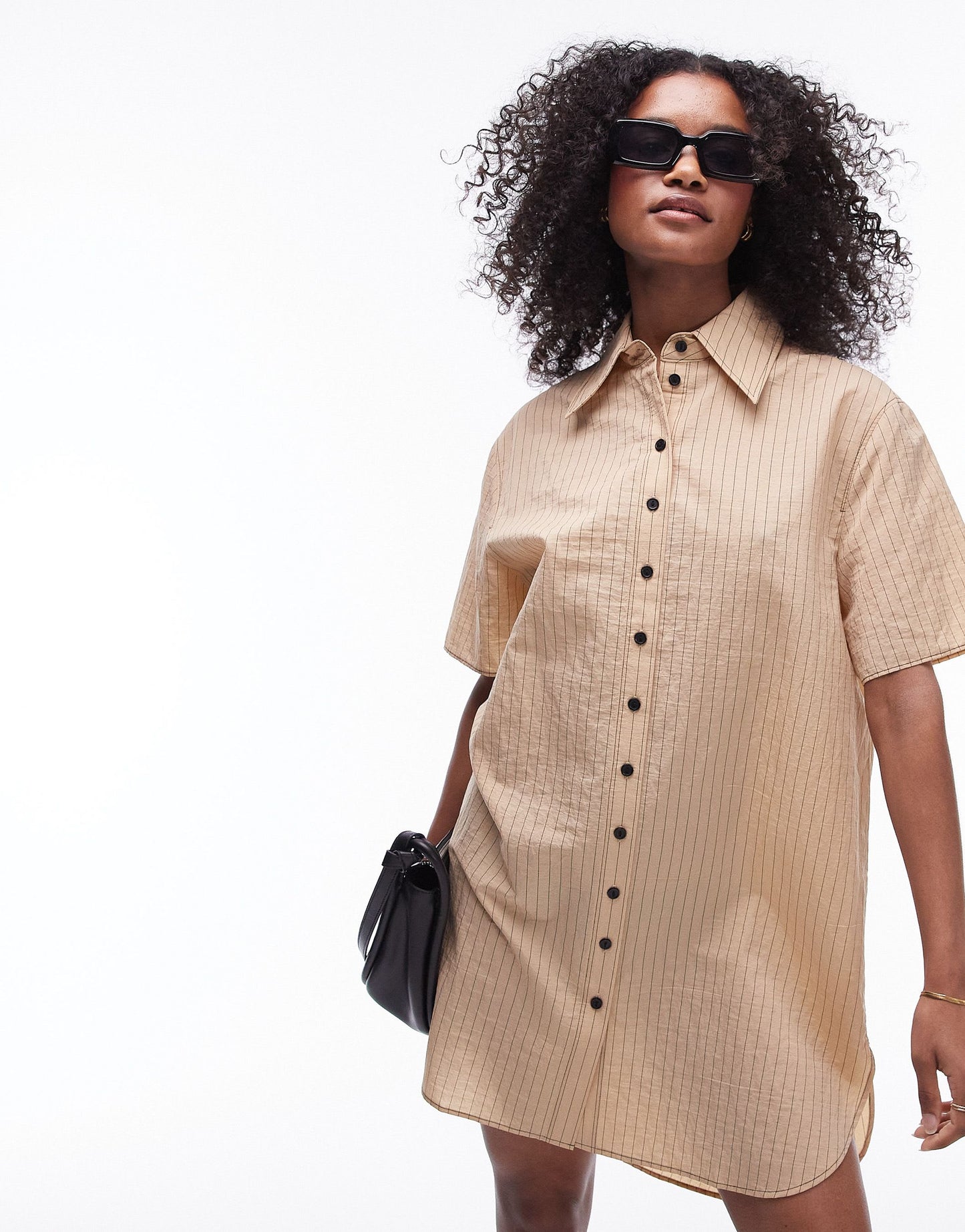 Topshop shirred mini shirt dress with contrast top stitch in tan stripe print