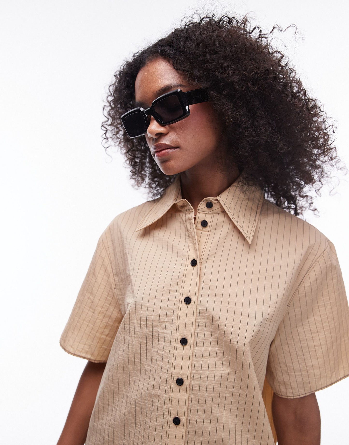 Topshop shirred mini shirt dress with contrast top stitch in tan stripe print