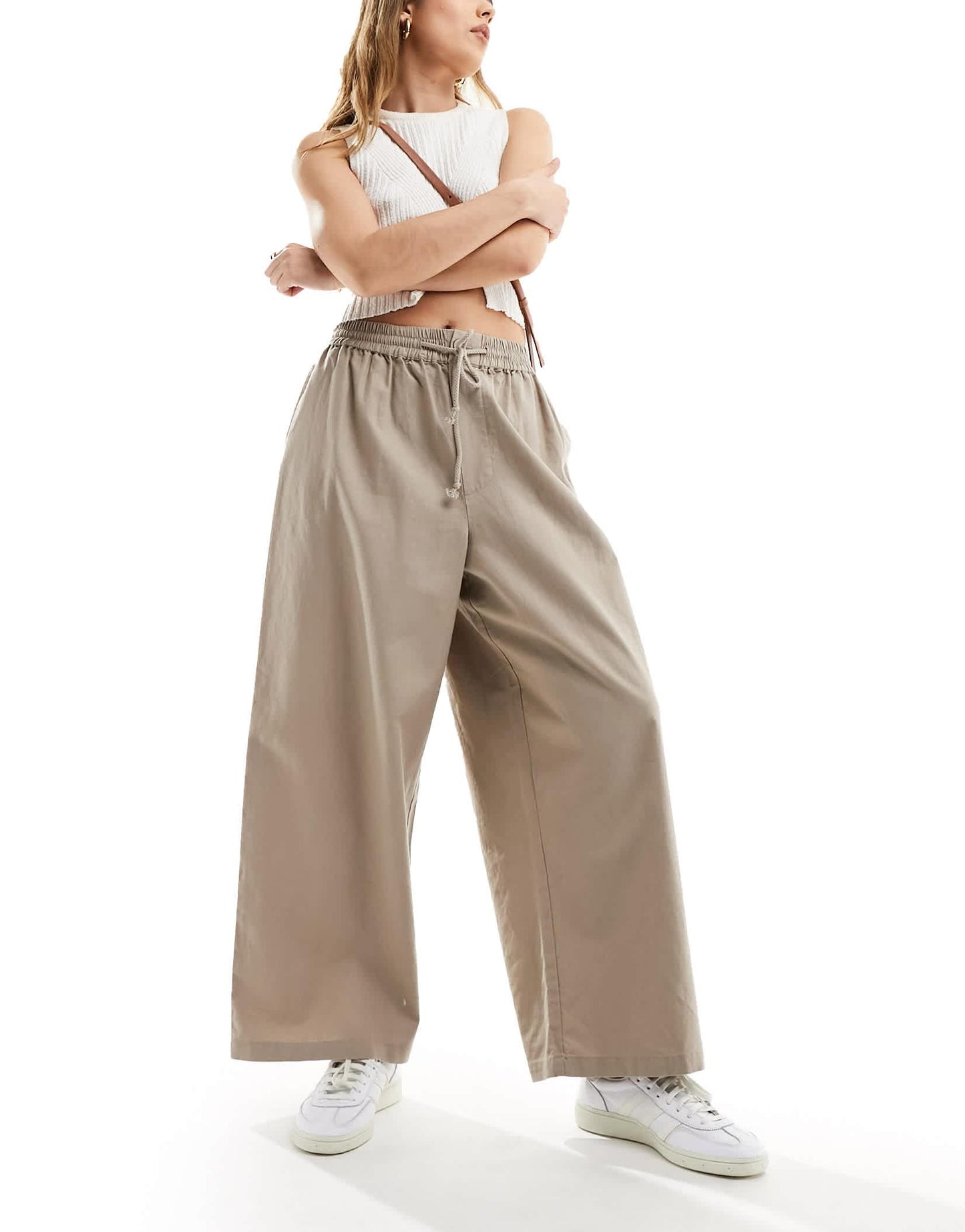 ASOS DESIGN pull on barrel leg trouser with linen in taupe