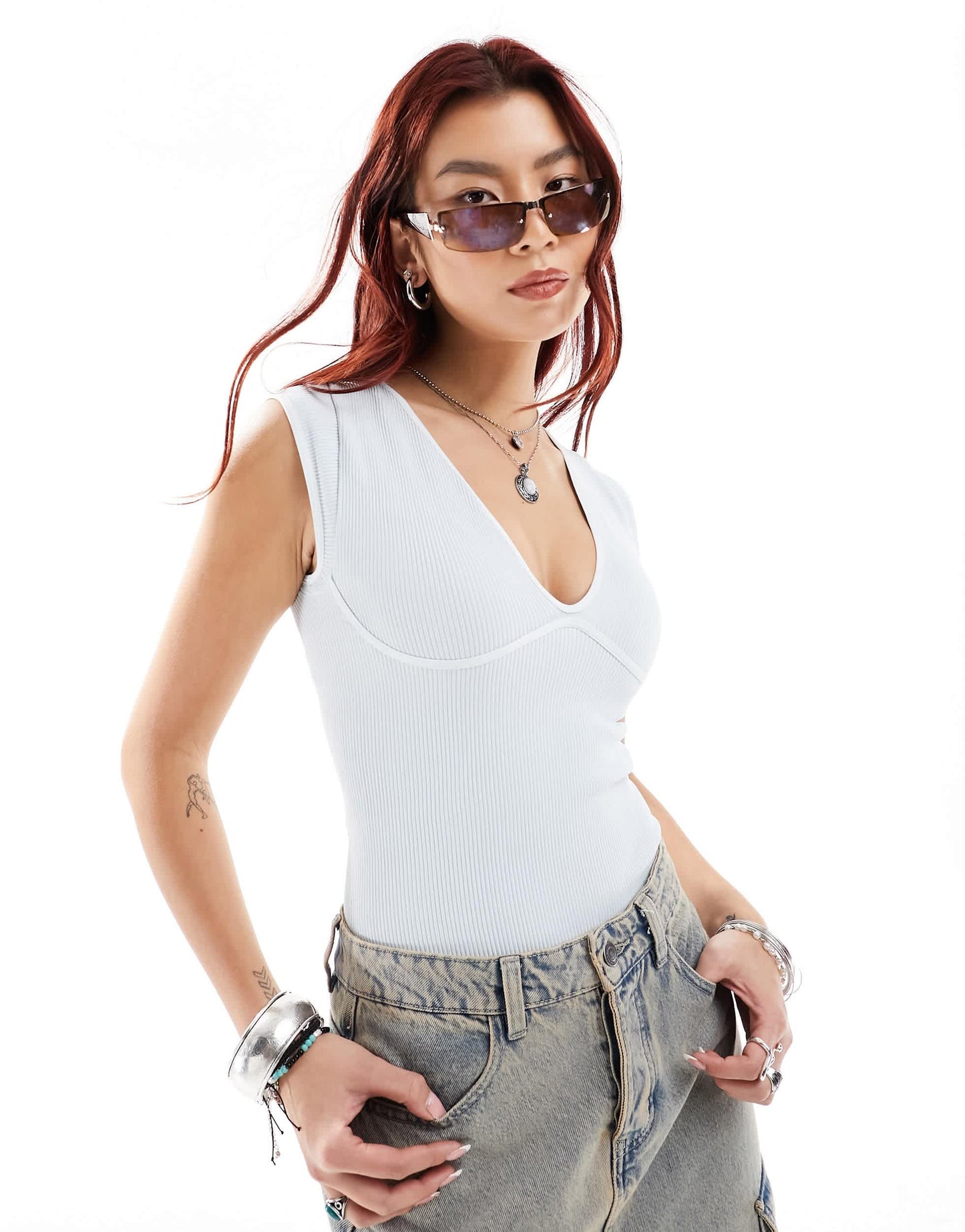 Free People ribbed scoop bodysuit in sky blue