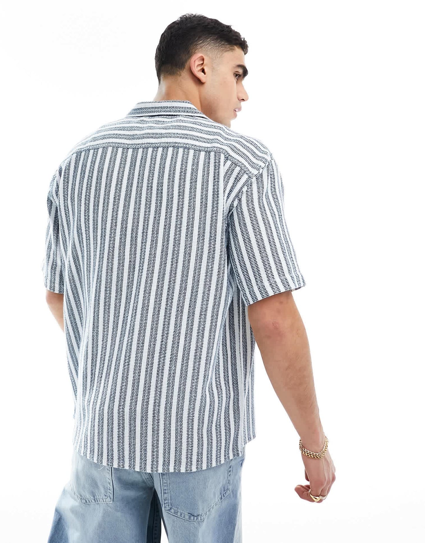 New Look short sleeved textured stripe patterned shirt in navy