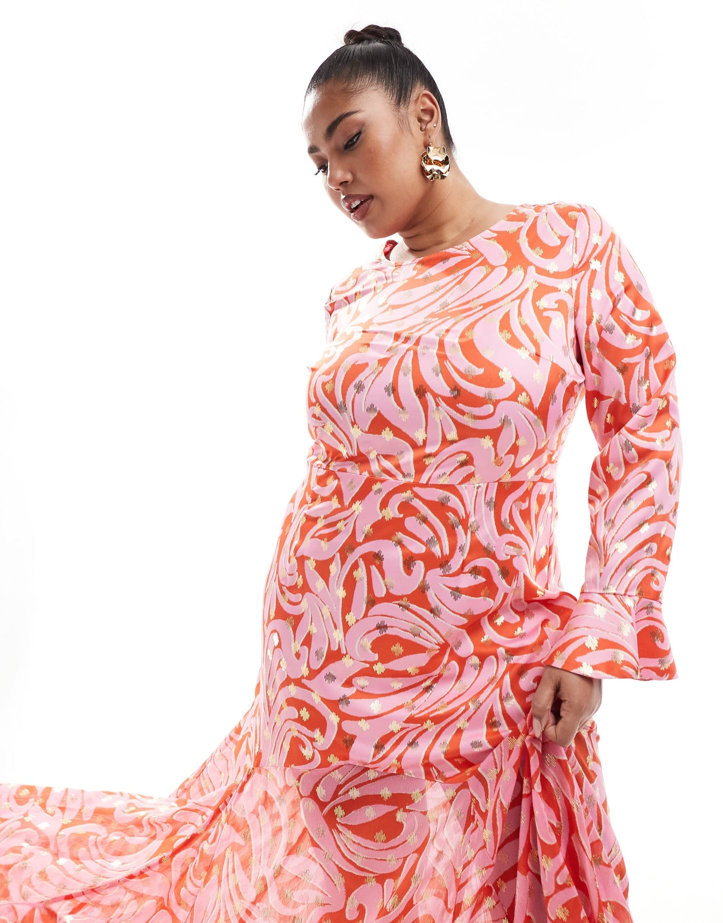Never Fully Dressed Plus metallic midi dress in pink and orange