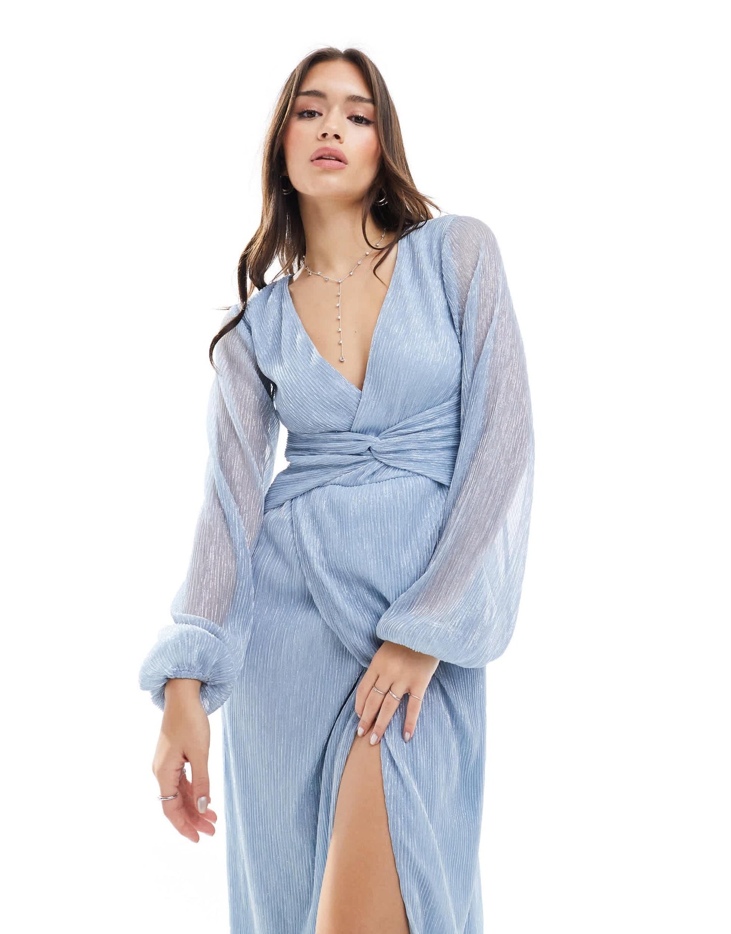 Pretty Lavish knot front plisse midaxi dress in metallic blue
