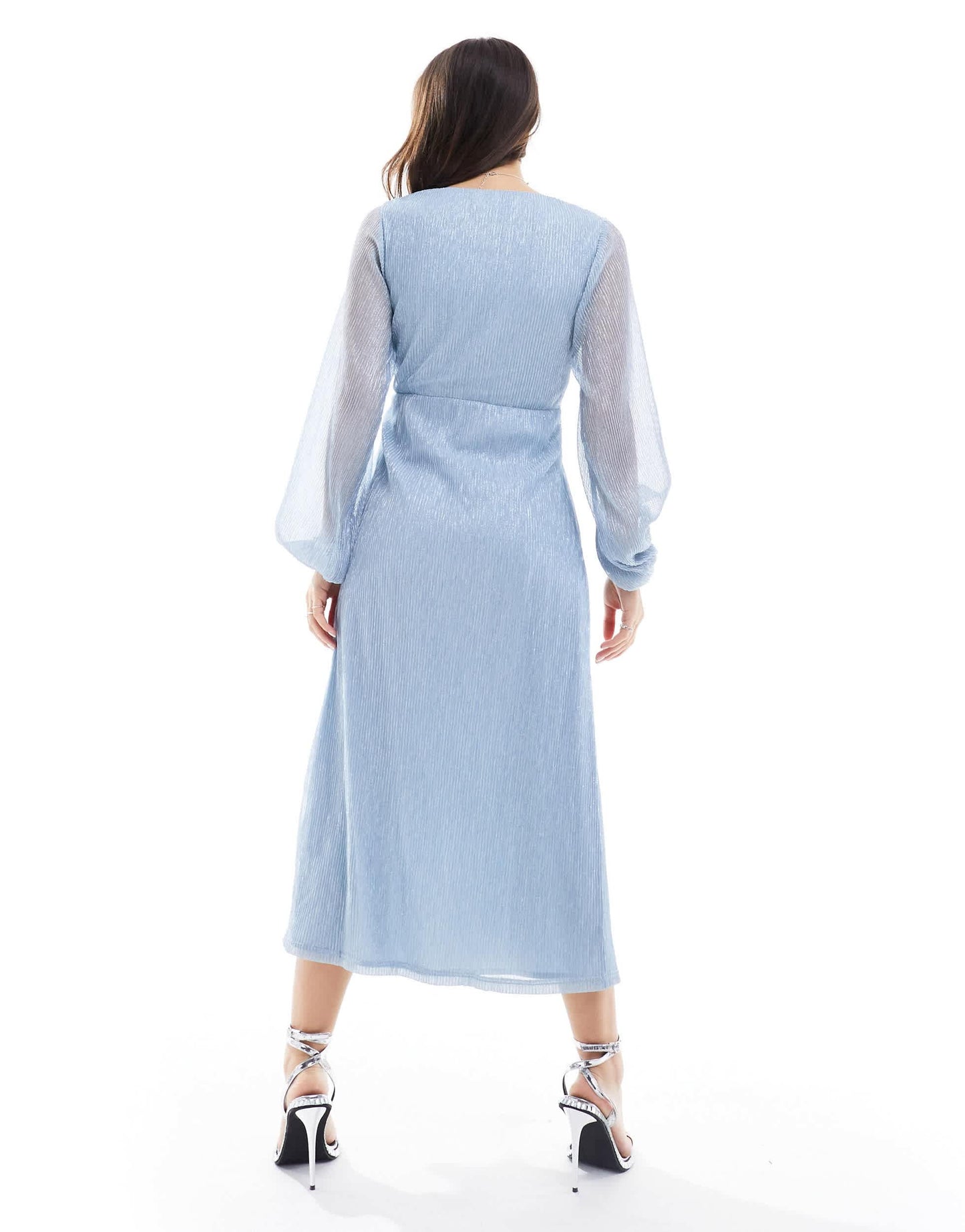 Pretty Lavish knot front plisse midaxi dress in metallic blue