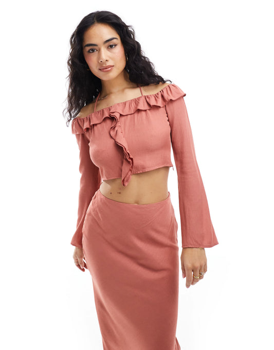 Pretty Lavish bardot ruffle top co-ord in terracotta