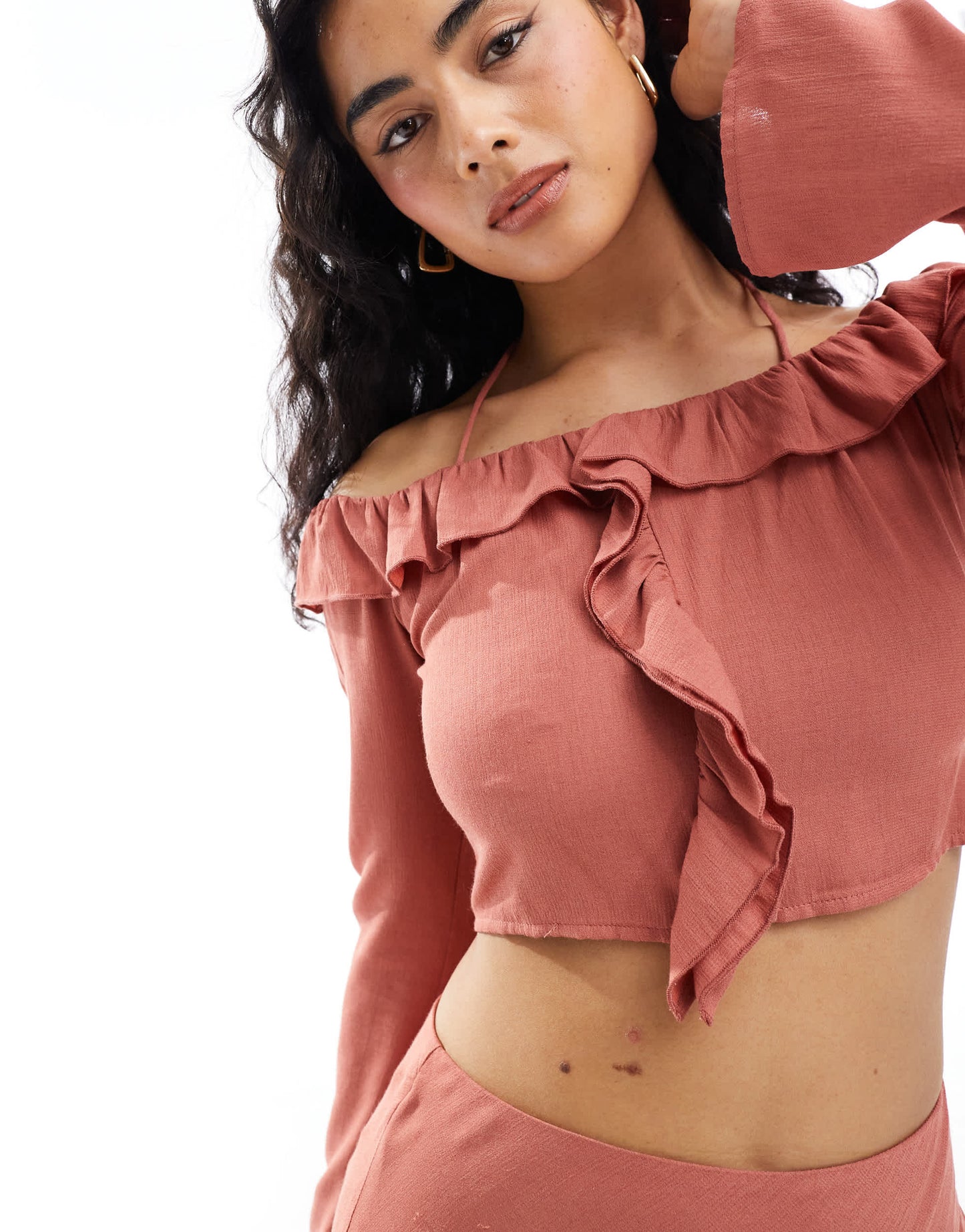 Pretty Lavish bardot ruffle top co-ord in terracotta