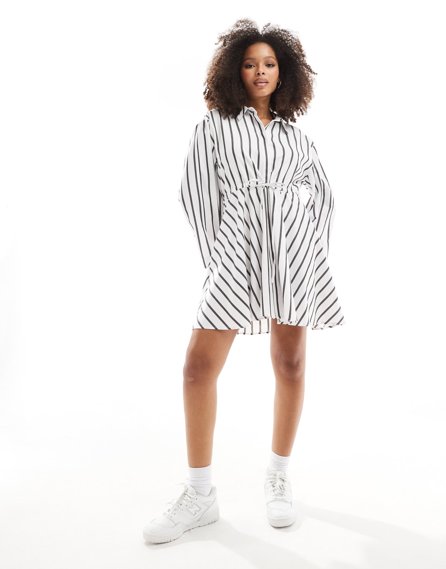 ASOS DESIGN mini shirt dress with ruched belt detail in mono stripe