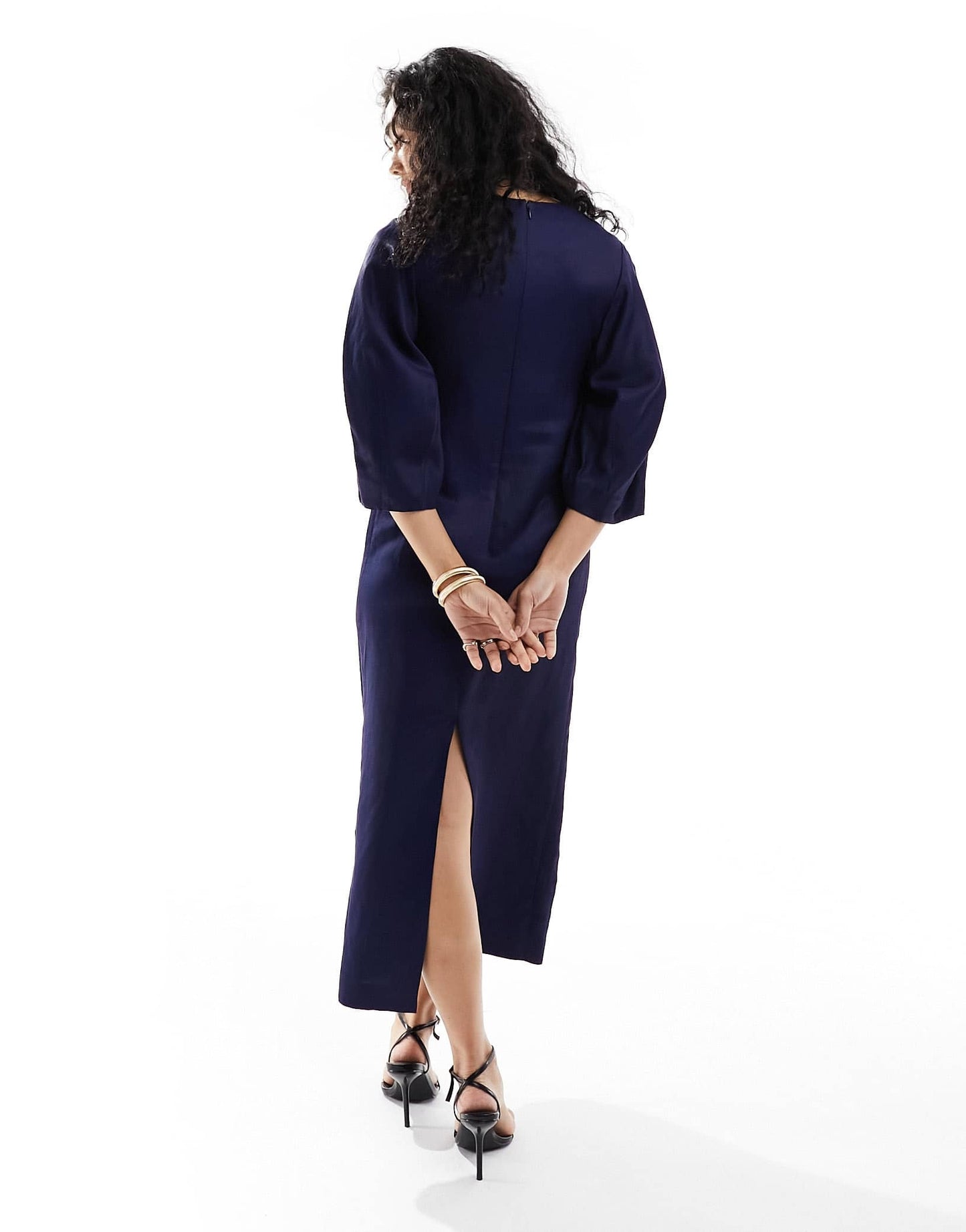 & Other Stories blend midaxi column dress with sculptural sleeves in dark blue