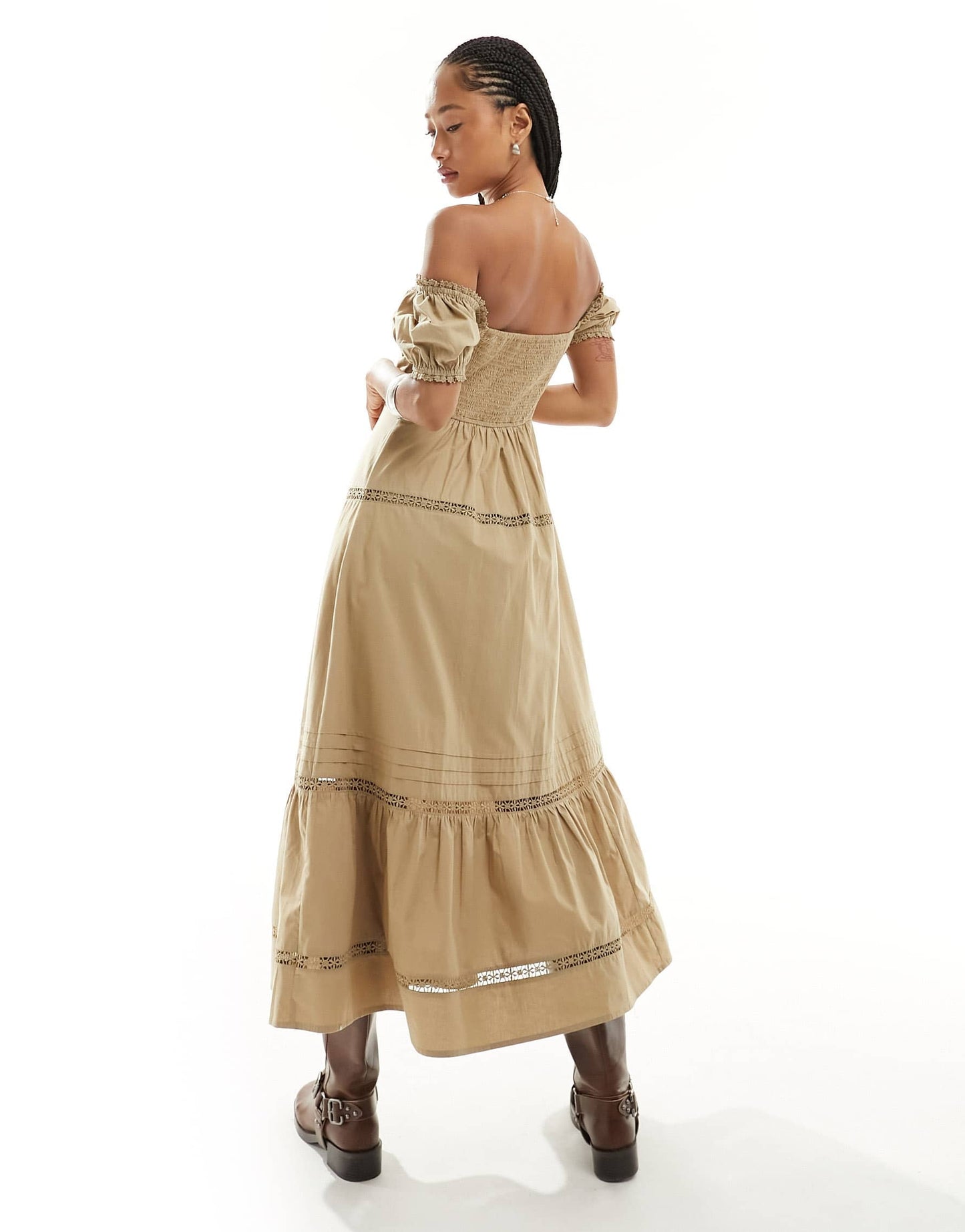 ASOS DESIGN off shoulder midi dress with pintucks & crochet trims in washed khaki