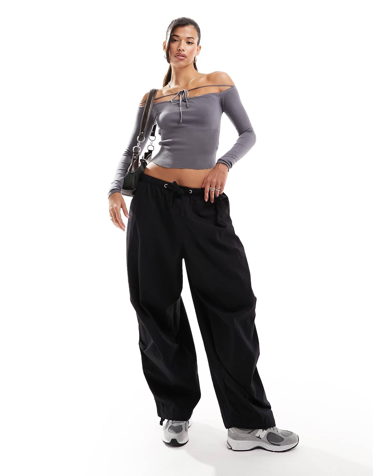 Edikted tie detail off shoulder crop top in grey