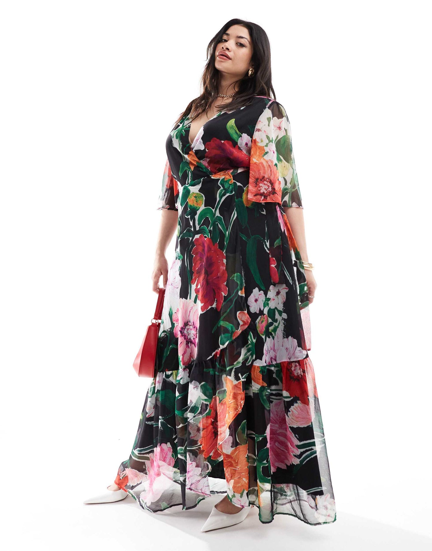 Hope & Ivy Plus wrap maxi dress in black base floral print