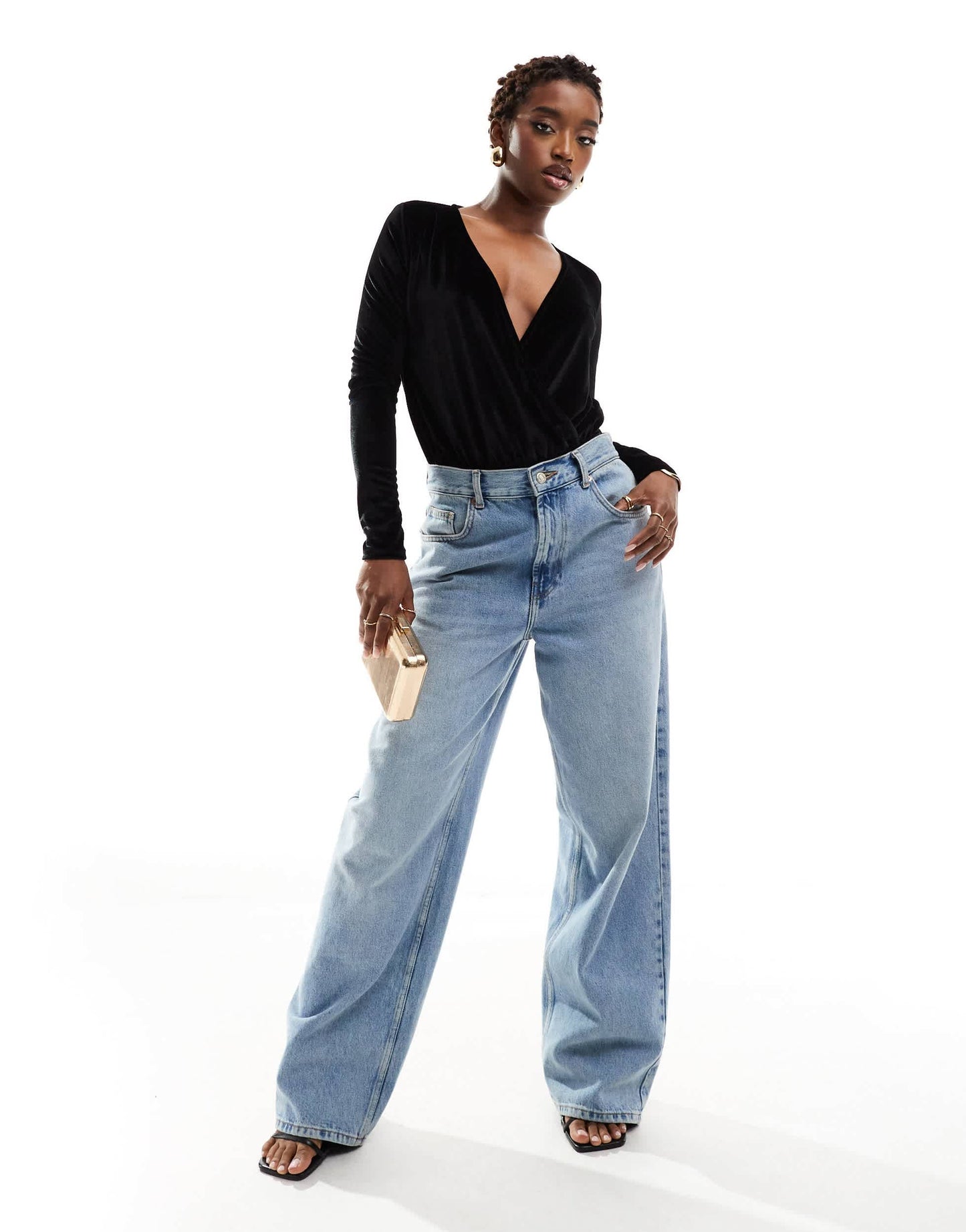 ASOS DESIGN velvet blouson sleeve v-neck bodysuit in black